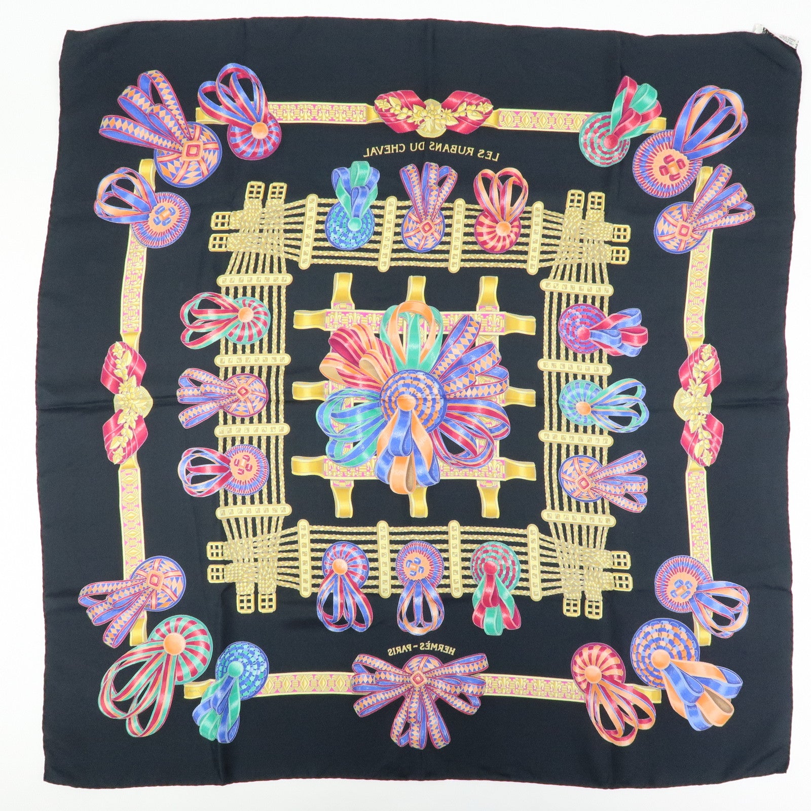 HERMES Carre 90 Silk 100% Scarf LES RUBANS DU CHEVAL Black
