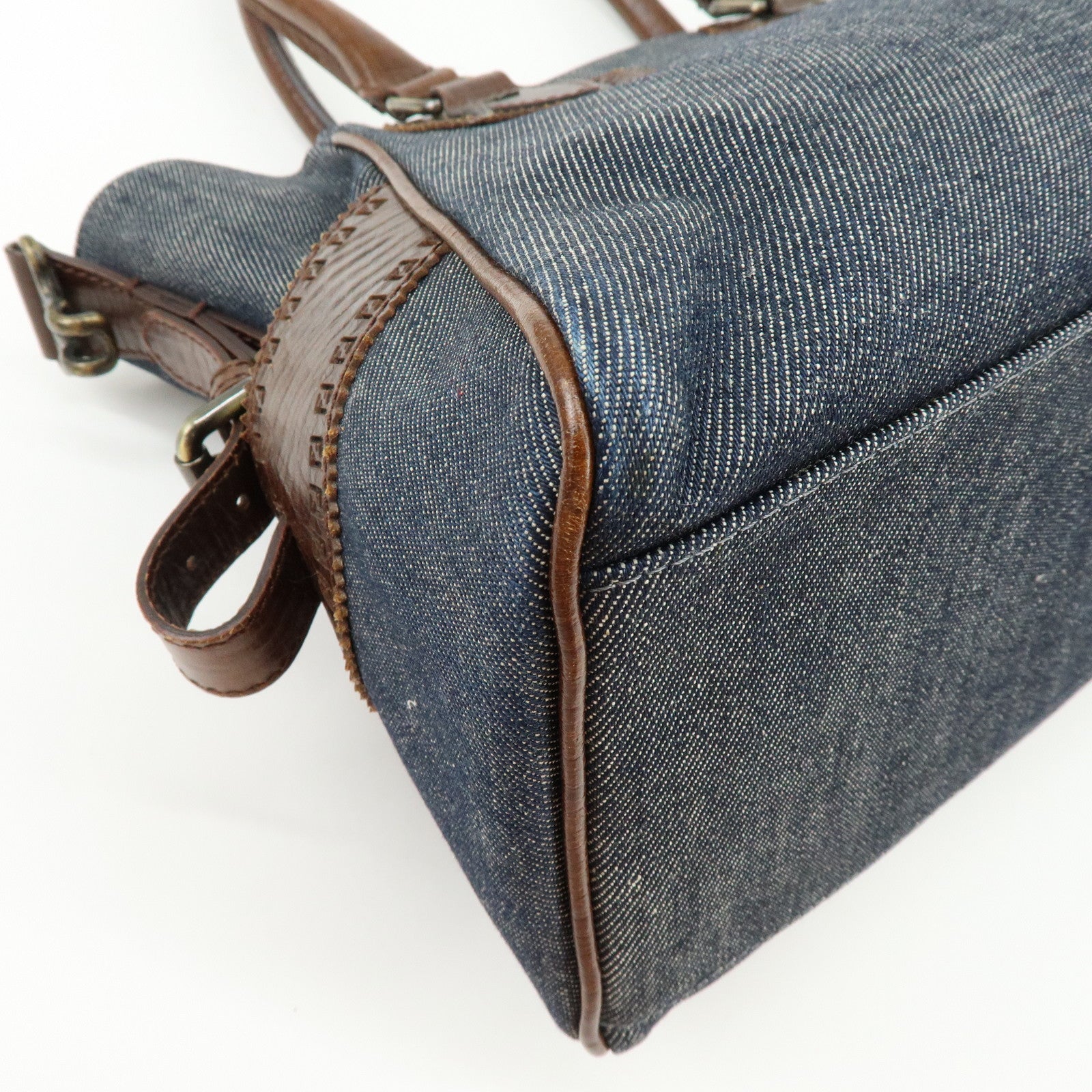 FENDI Etnico Zucca Denim Leather Shoulder Bag Blue Brown 8BN157