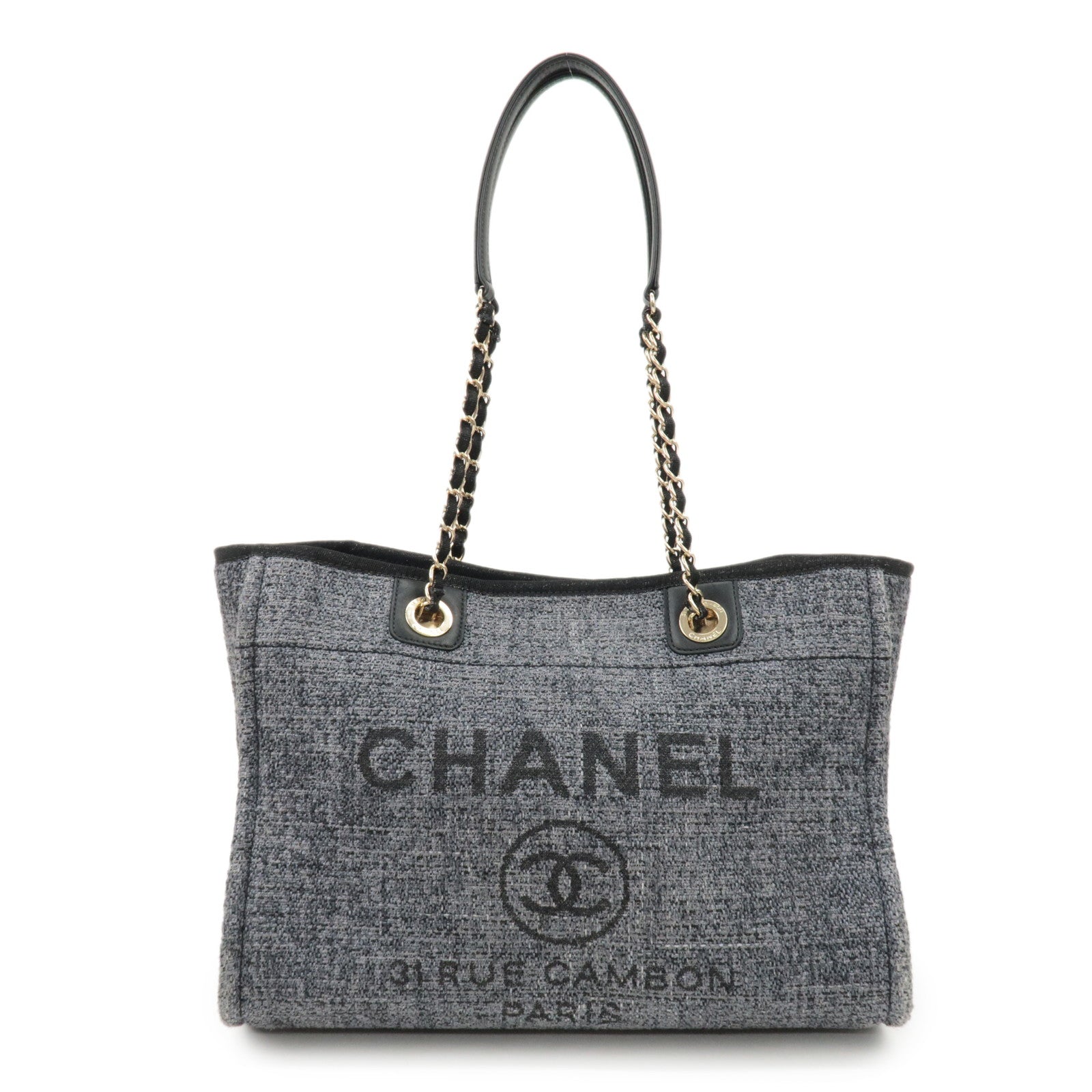 CHANEL Deauville Raffia Leather Chain Tote Bag MM Navy A66941 Used