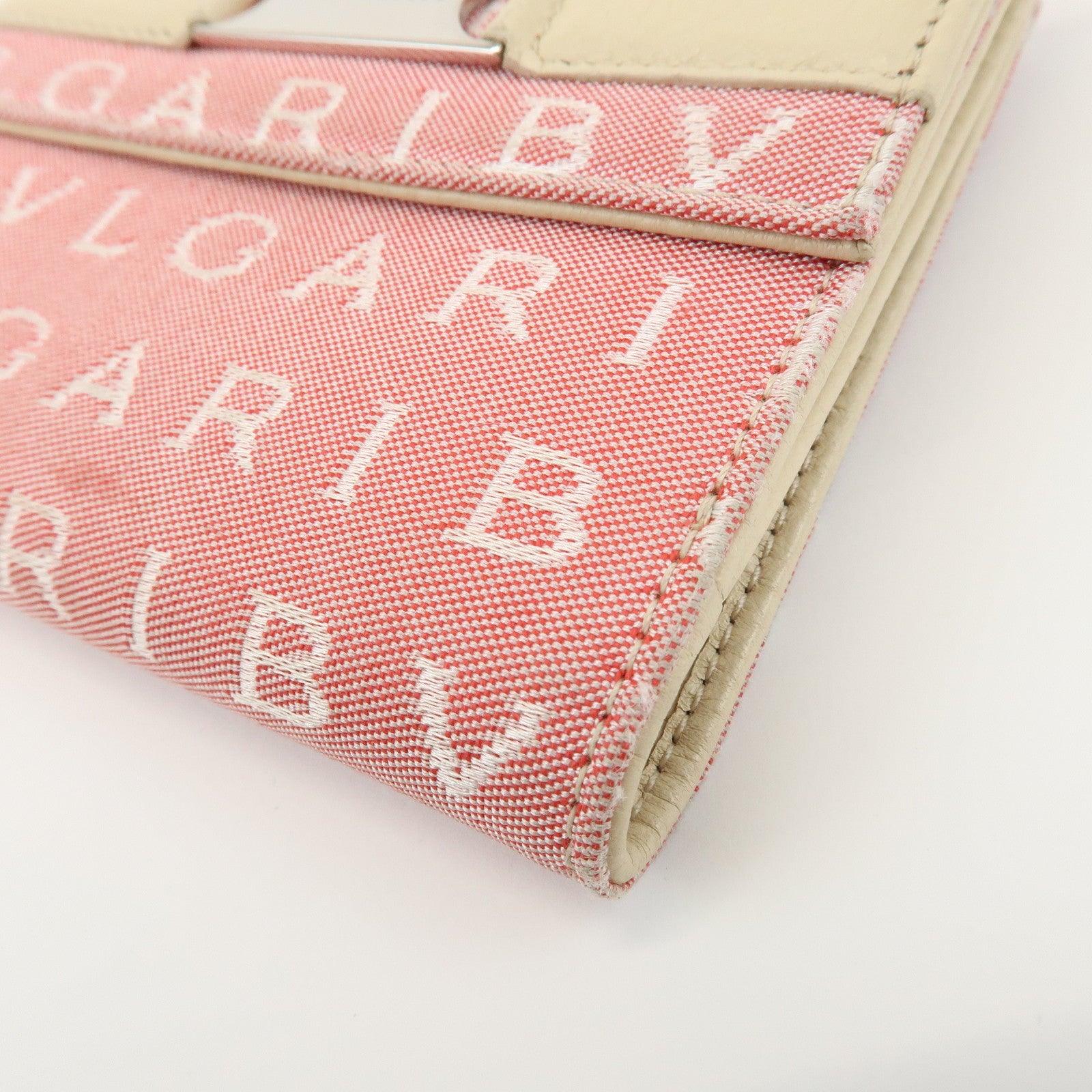 BVLGARI Logo Mania Canvas Leather Compact Wallet Pink Ivory