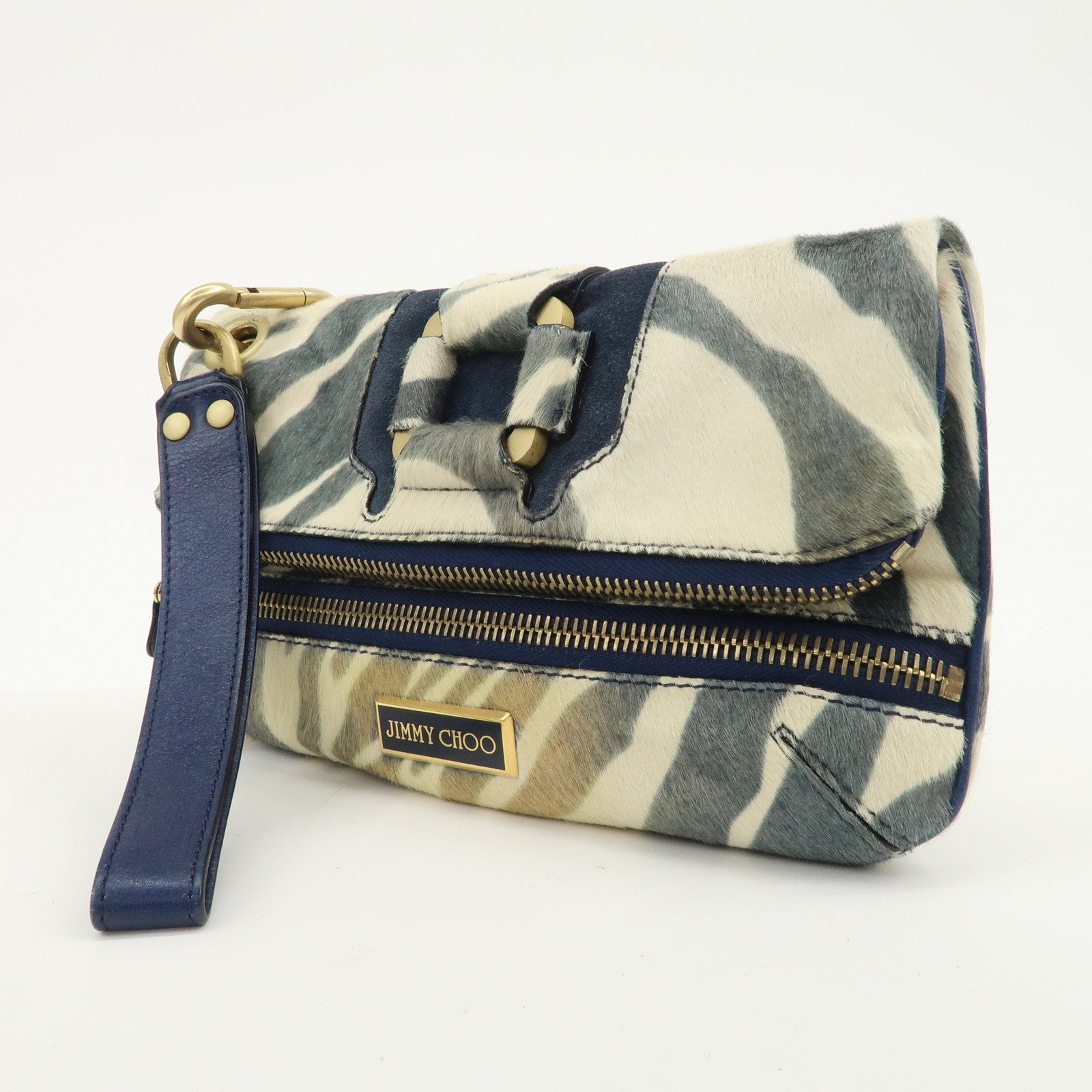 JIMMY CHOO Unborn Calf Clutch Bag Wristlet Pouch Zebra Navy