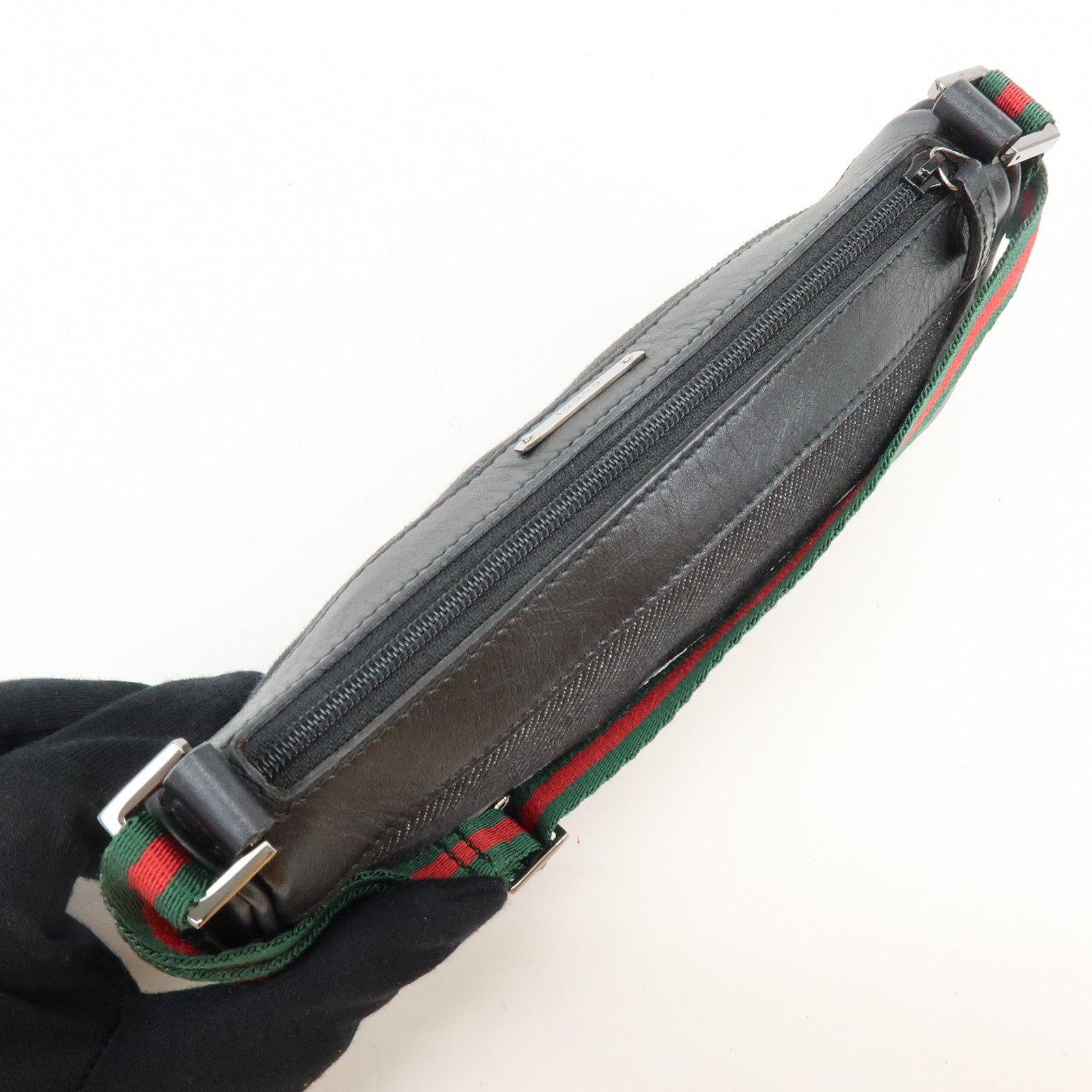 GUCCI Sherry Leather Denim Accessory Pouch Hand Bag Black 92820
