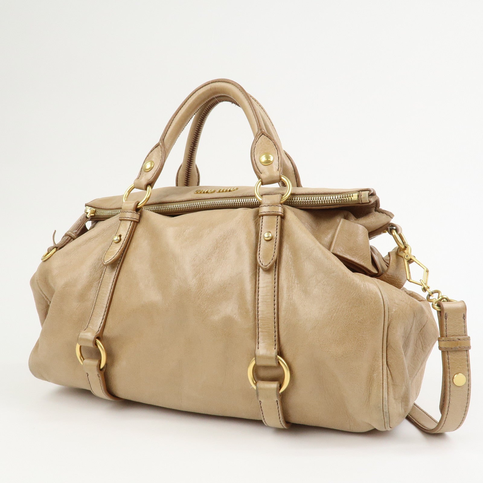 MIU MIU Side Ribbon Leather 2Way Hand Shoulder Bag Brown RT0438