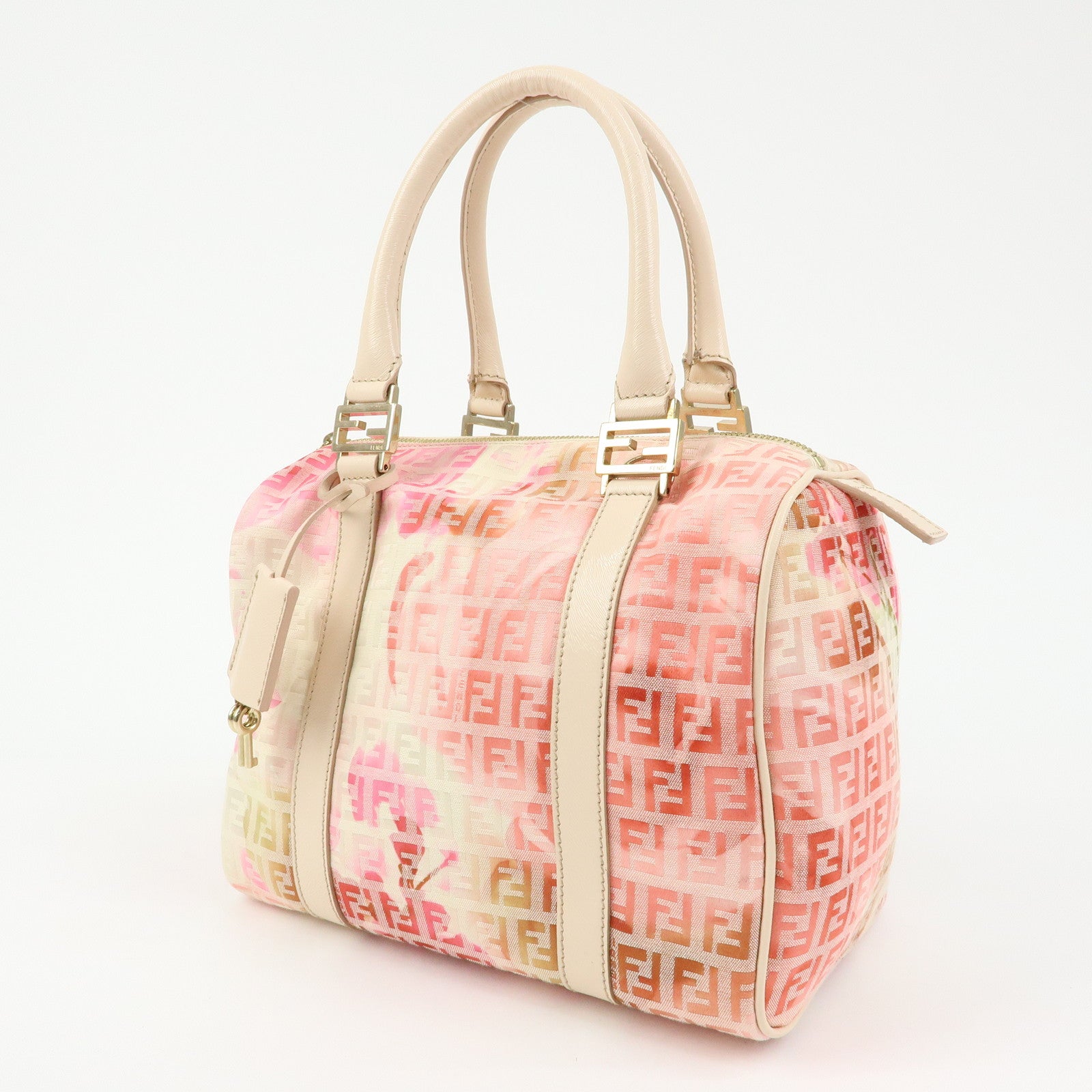 FENDI Zucchino Canvas Leather Mini Boston Bag Hand Bag Pink Ivory