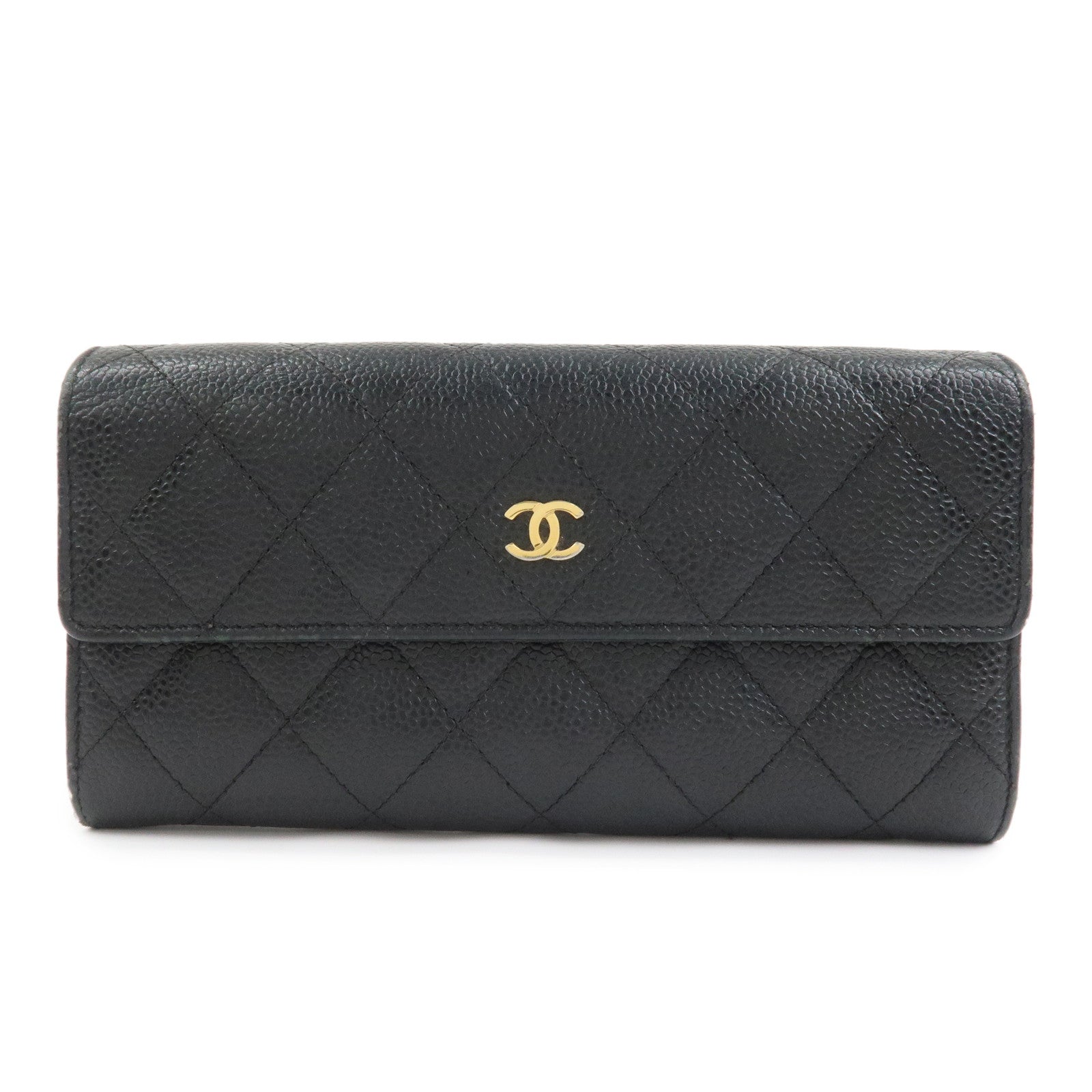 CHANEL COCO Mark Matelasse Caviarskin Long Flap Wallet Black A50096