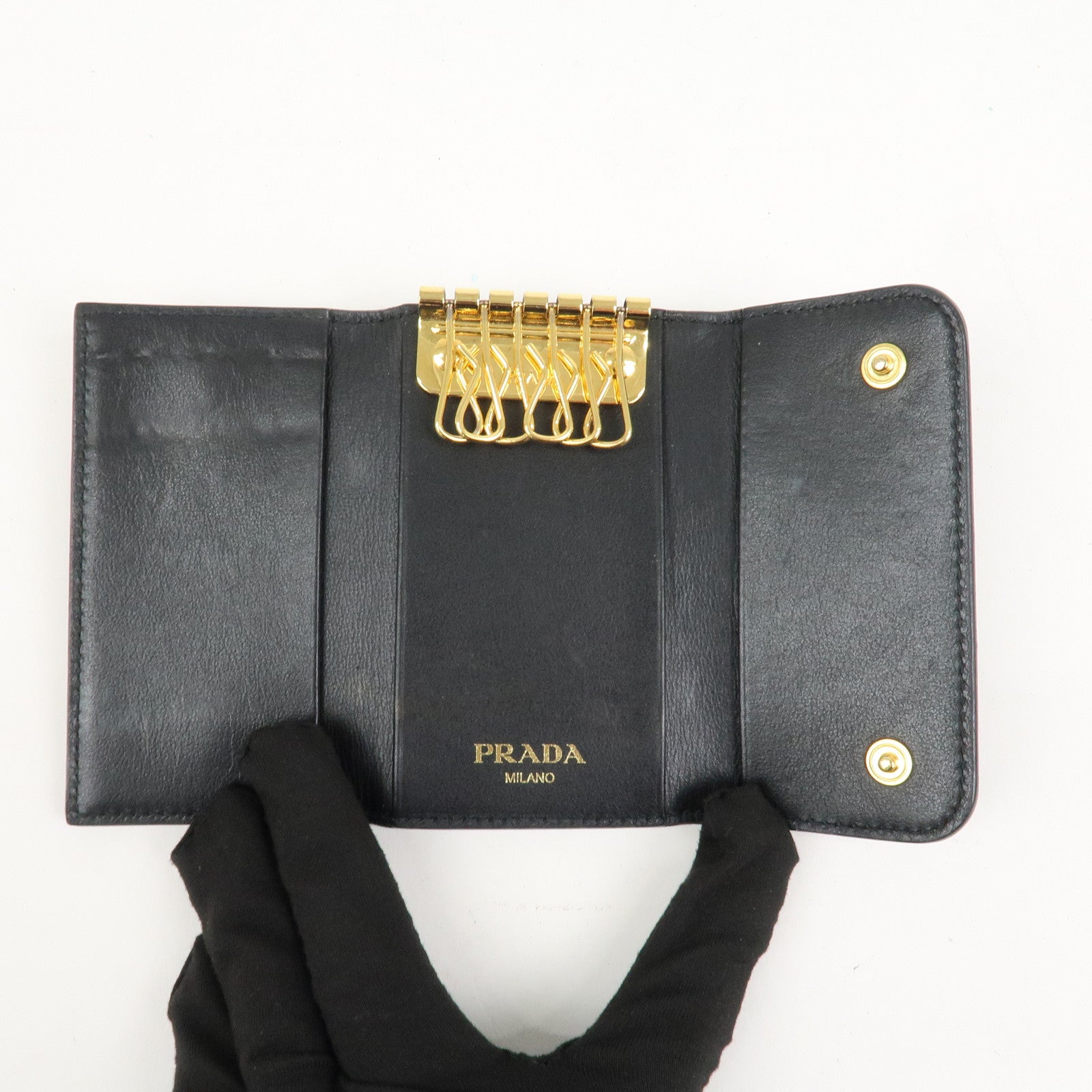 PRADA Triangle Logo Leather 6 Rings Key Case Black 1PG222