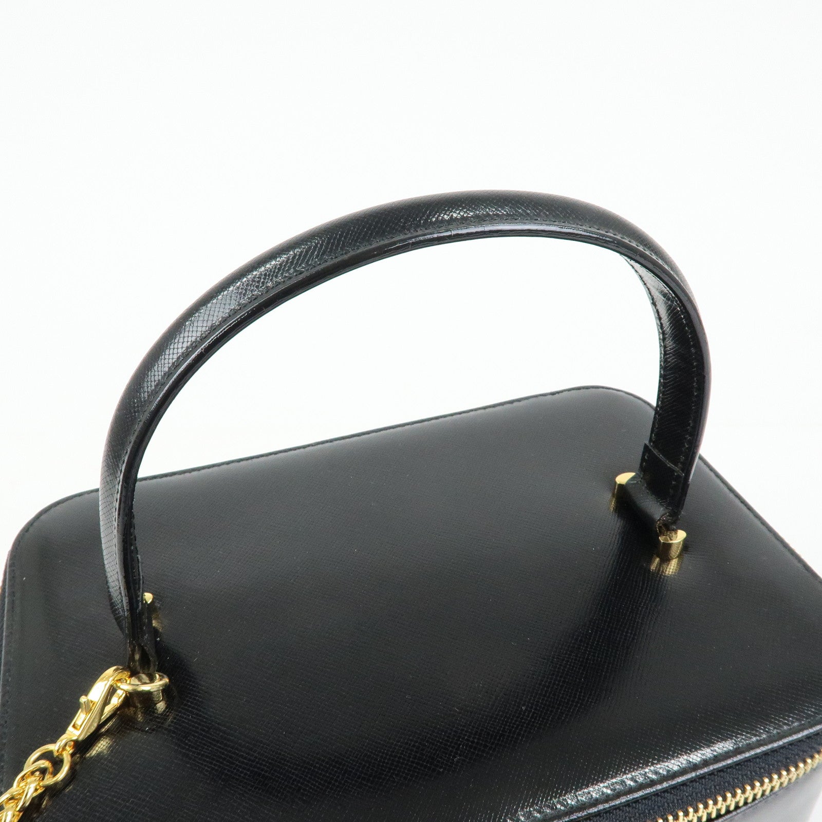 GIANNI VERSACE Leather Hand Bag Vanity Case Gold Charm Black