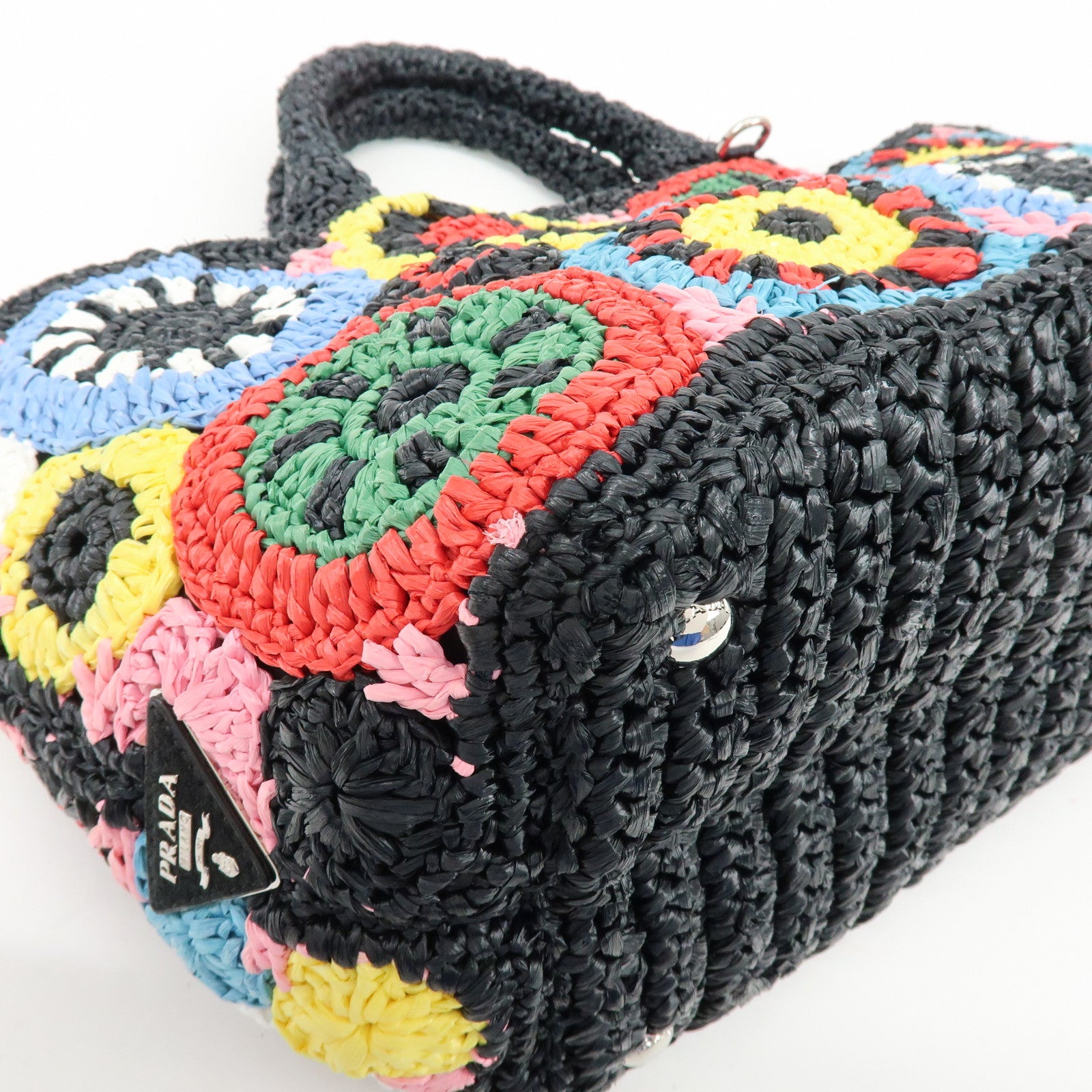 PRADA Triangle Logo Raffia 2Way Hand Bag Black Multicolor 1BG889