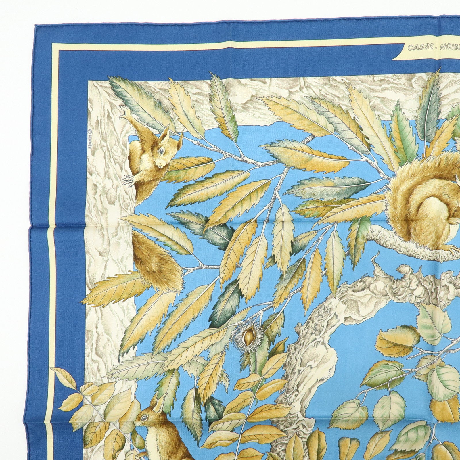 HERMES Carre 90 Silk 100% scarf Casse Noisette Squirrel Print