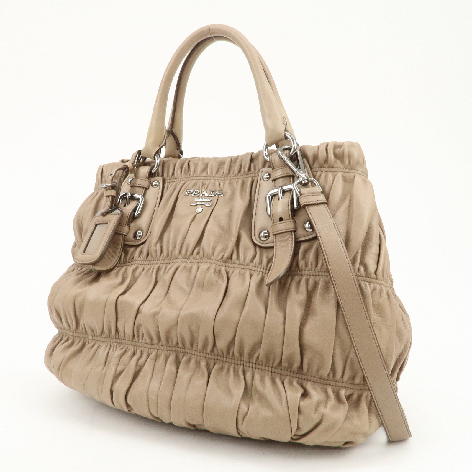 PRADA Logo Leather Gathered 2Way Shoulder Bag Hand Bag BN1789
