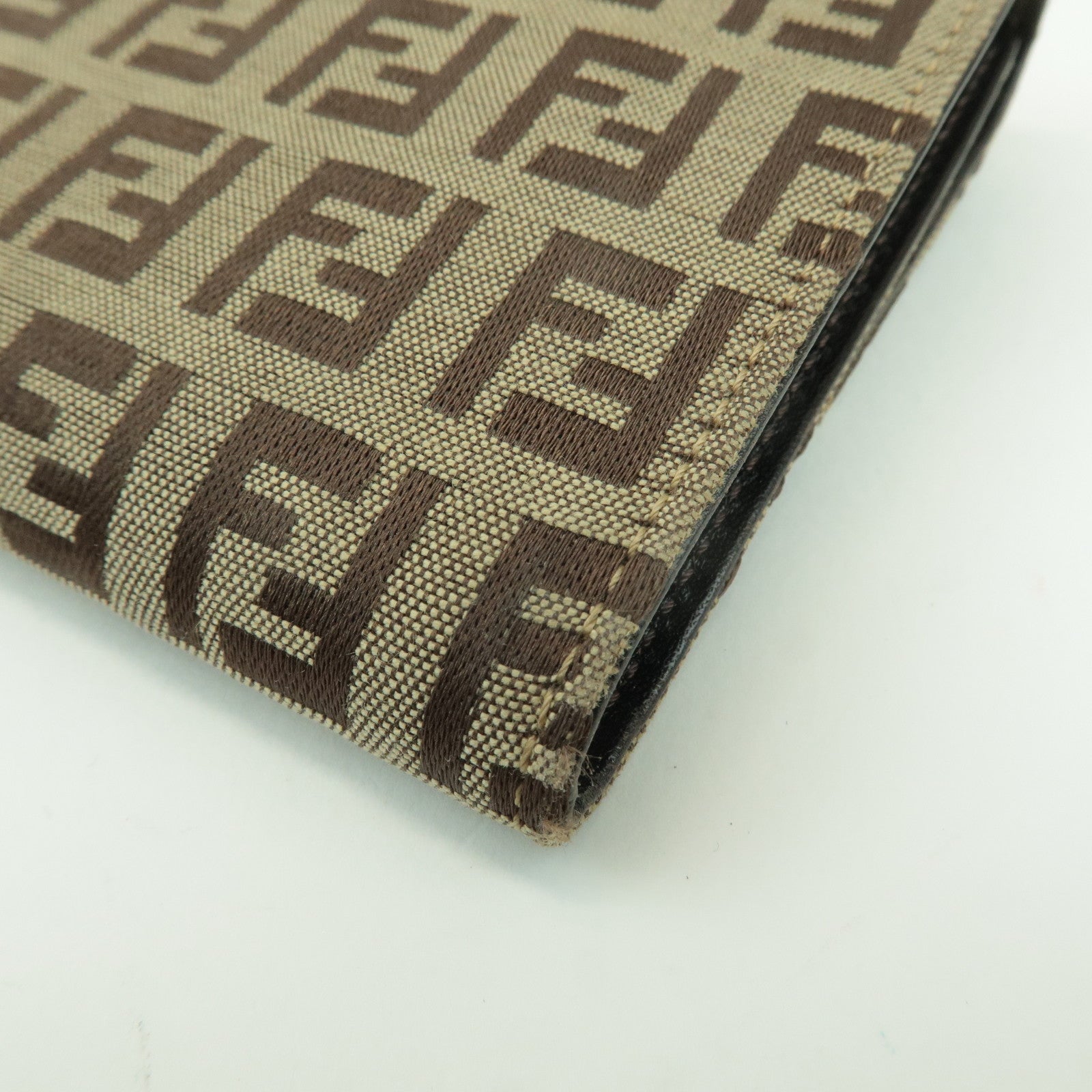 FENDI Zucchino Canvas Leather Tri-fold Wallet Beige Brown 8M0023 Used