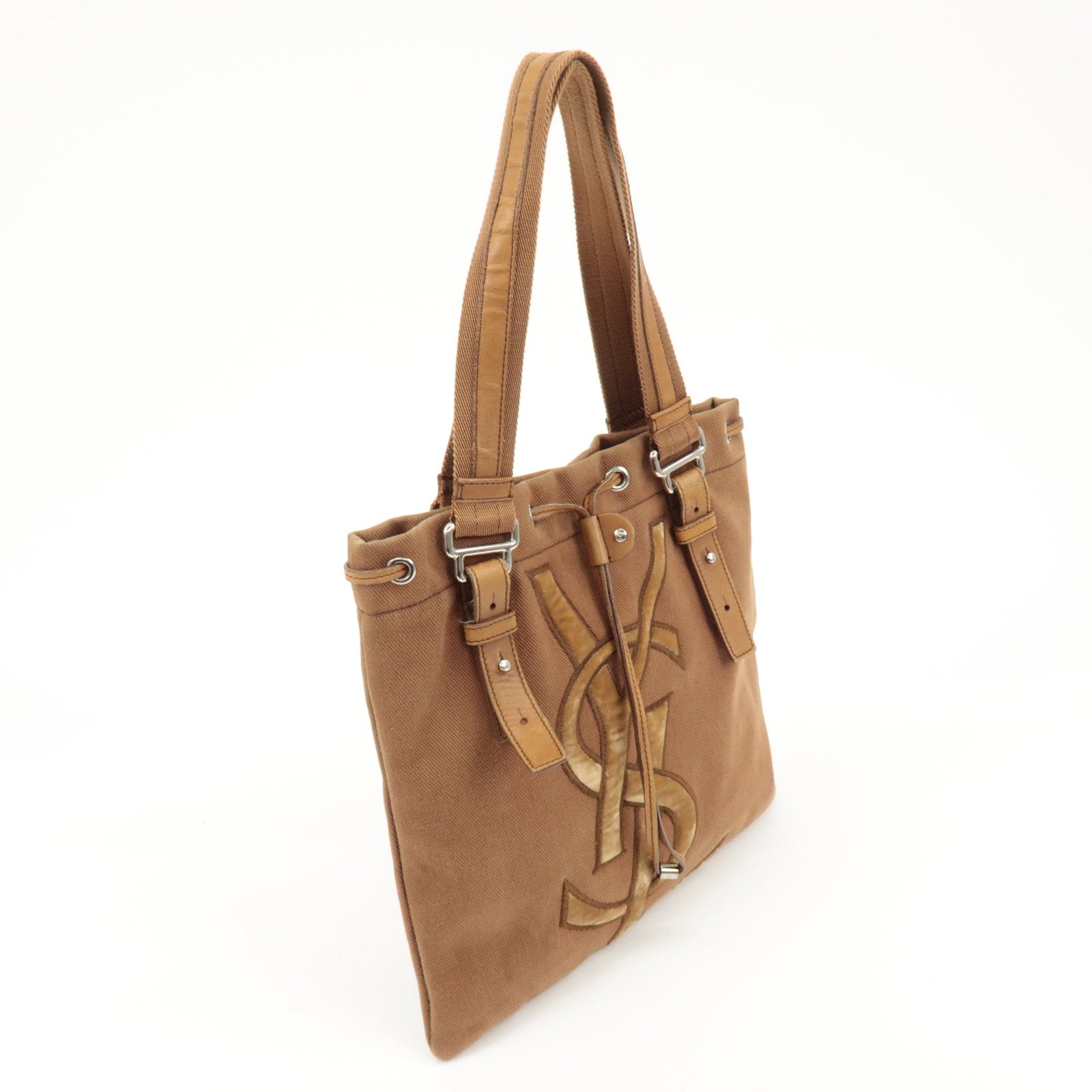 SAINT LAURENT Kahara Leather Canvas Velour Tote Bag Brown Used