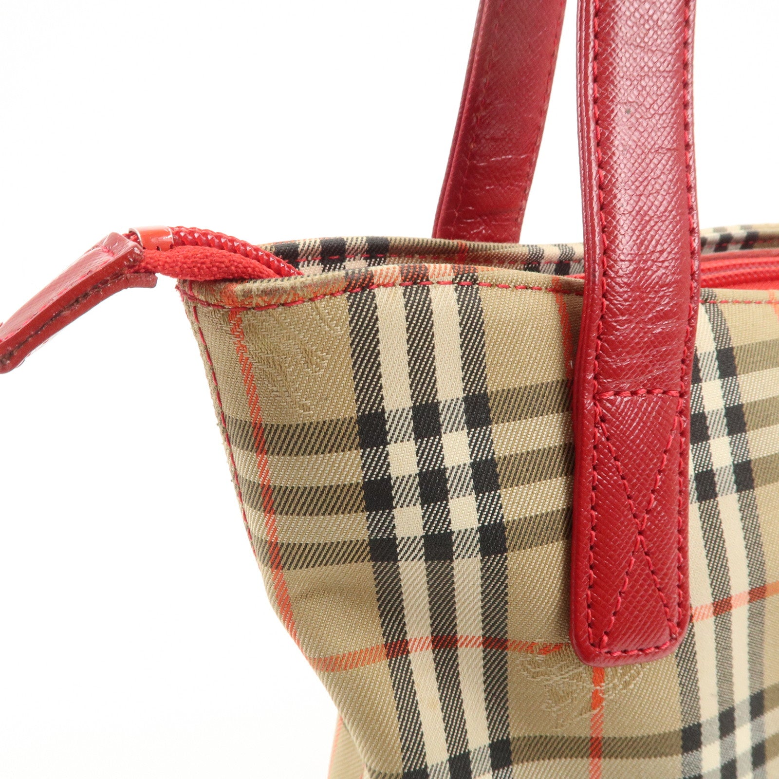 BURBERRY Leather Canvas Tote Bag Hand Bag Nova Plaid Red Beige Used