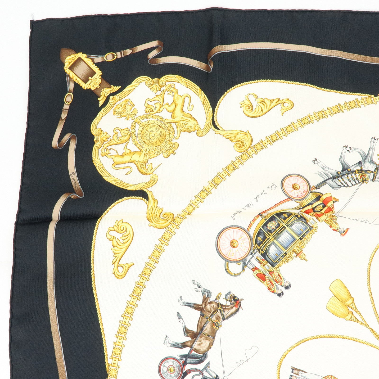 HERMES Carre 90 Silk 100% Scarf THE ROYAL MEWS Black White