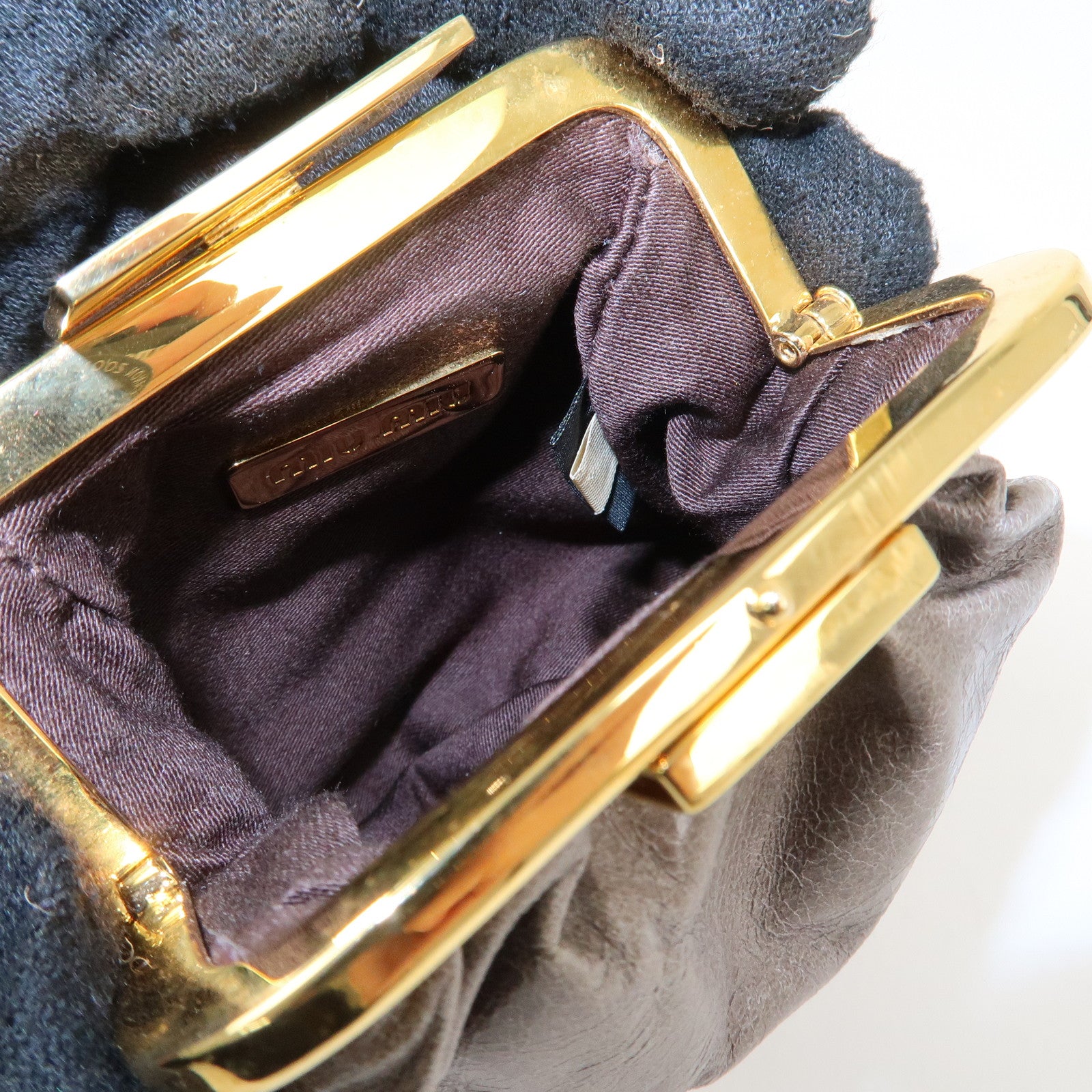 MIU MIU Logo Leather Kiss Lock Coin Case Gray Gold HDW Used