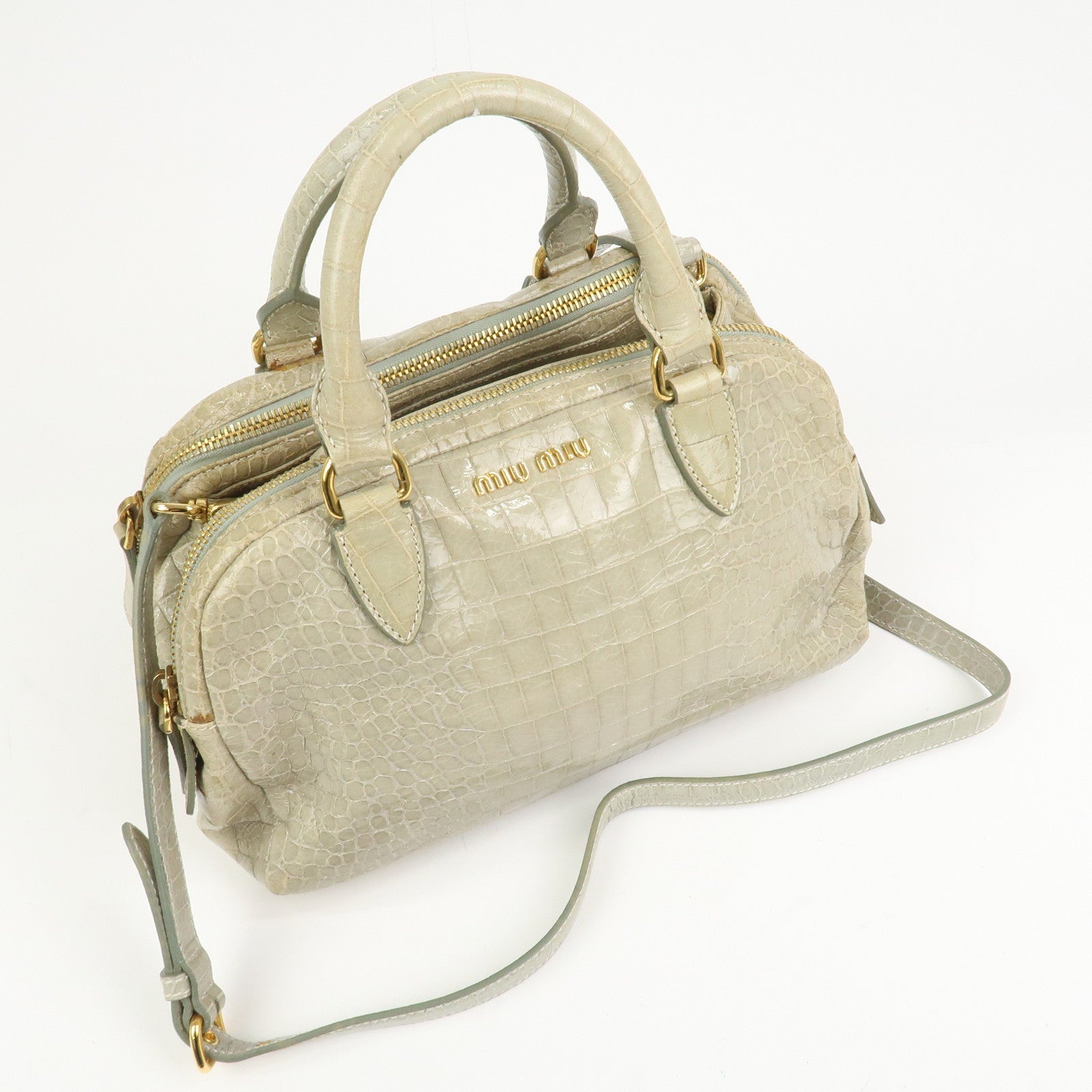 MIU MIU Logo Embossed Leather 2Way Bag Hand Bag Shoulder Bag Beige