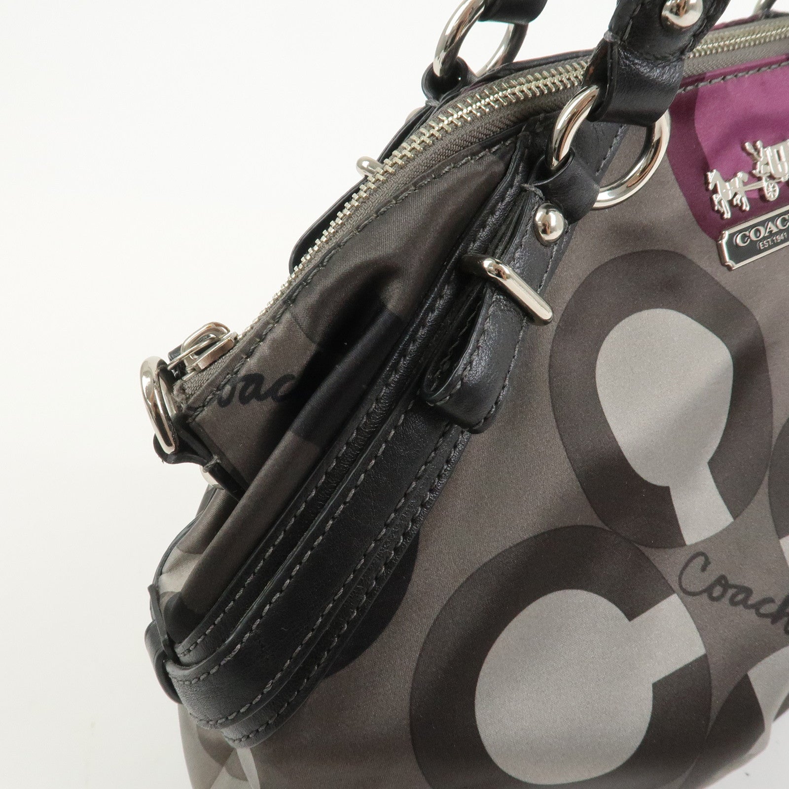 COACH Satin Leather 2Way Bag Shoulder Bag Hand Bag Khaki Purple