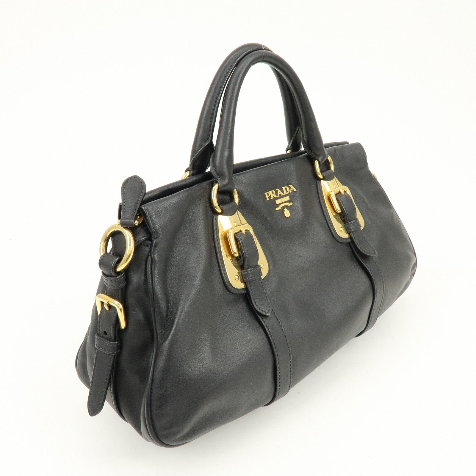 PRADA Logo Leather 2Way Bag Hand Bag Shoulder Bag Black Gold BN1903