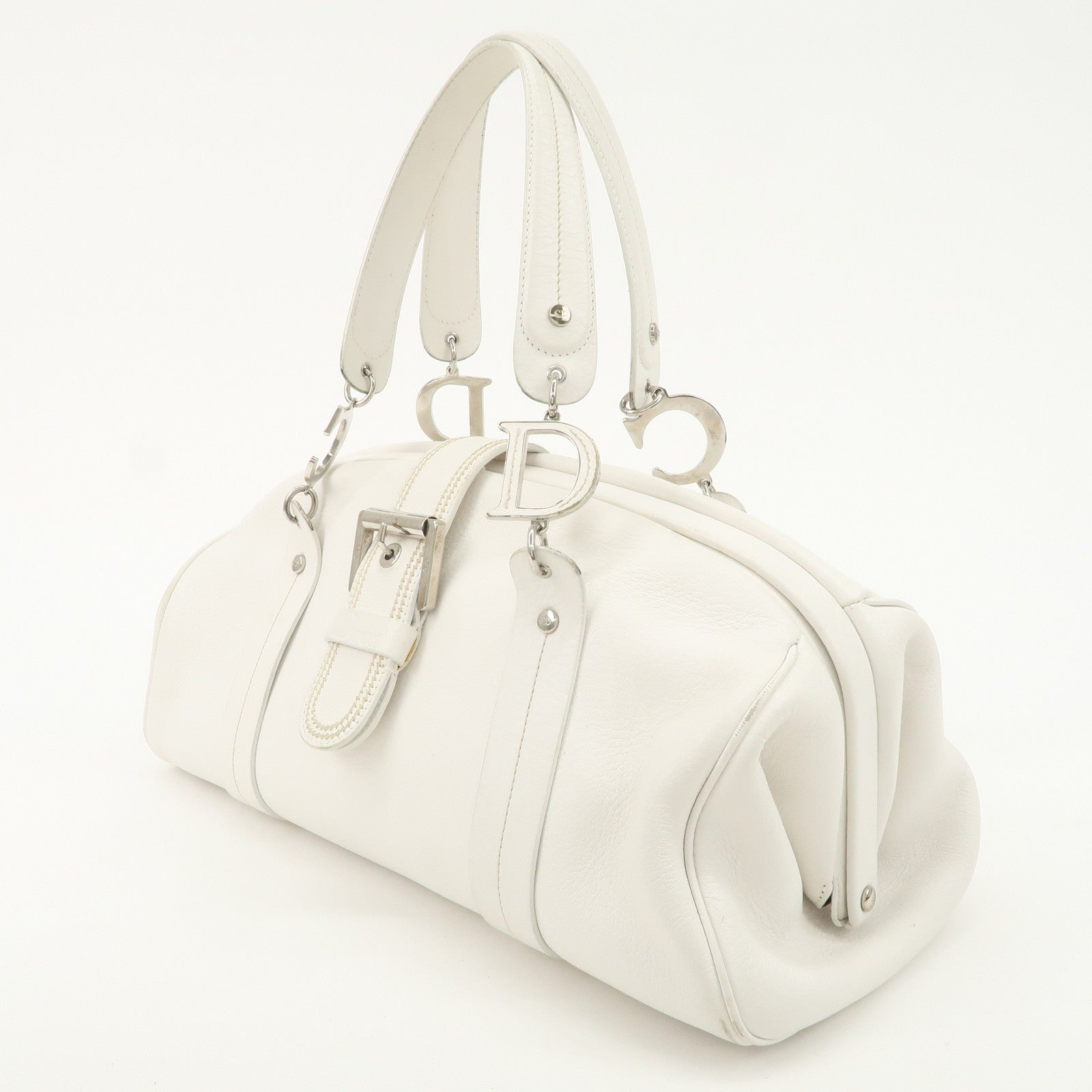 Christian Dior Logo Leather Hand Bag Boston Bag White