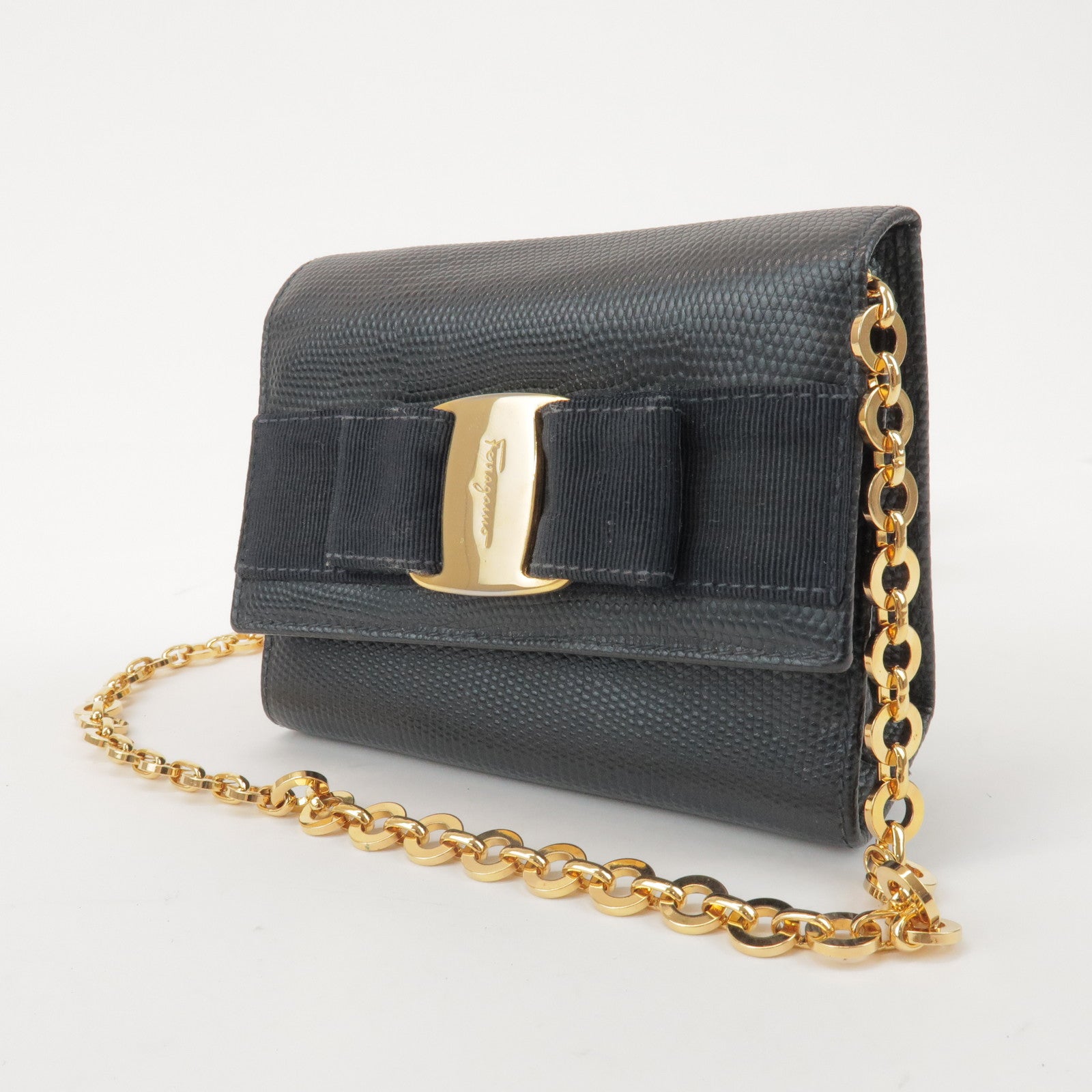 Ferragamo Vara Ribbon Embossed Leather Chain Shoulder Bag Navy