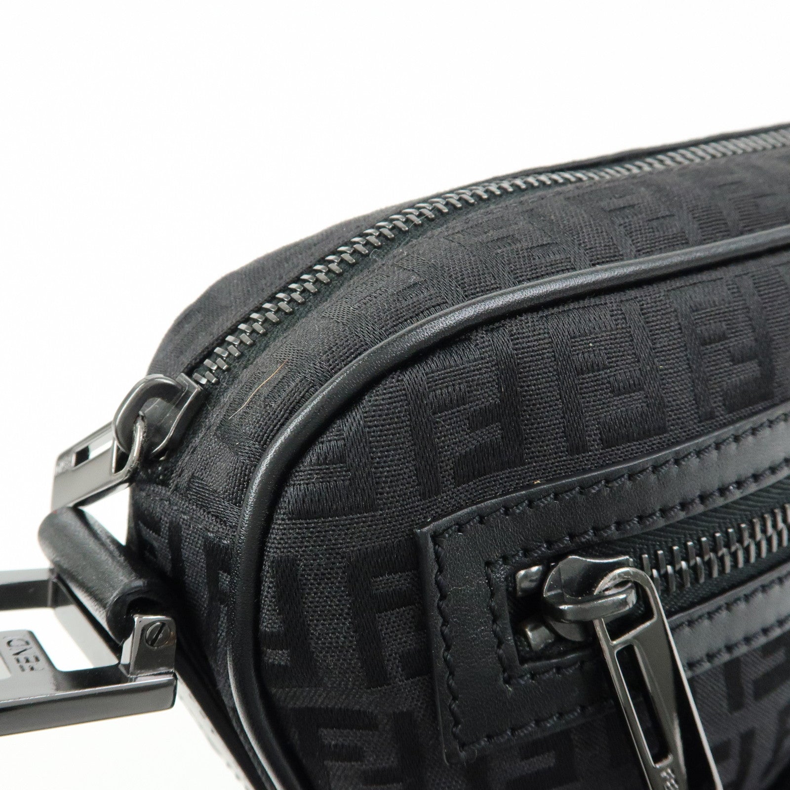 FENDI Zucchino Canvas Leather Shoulder Crossbody Bag Black 8BR324