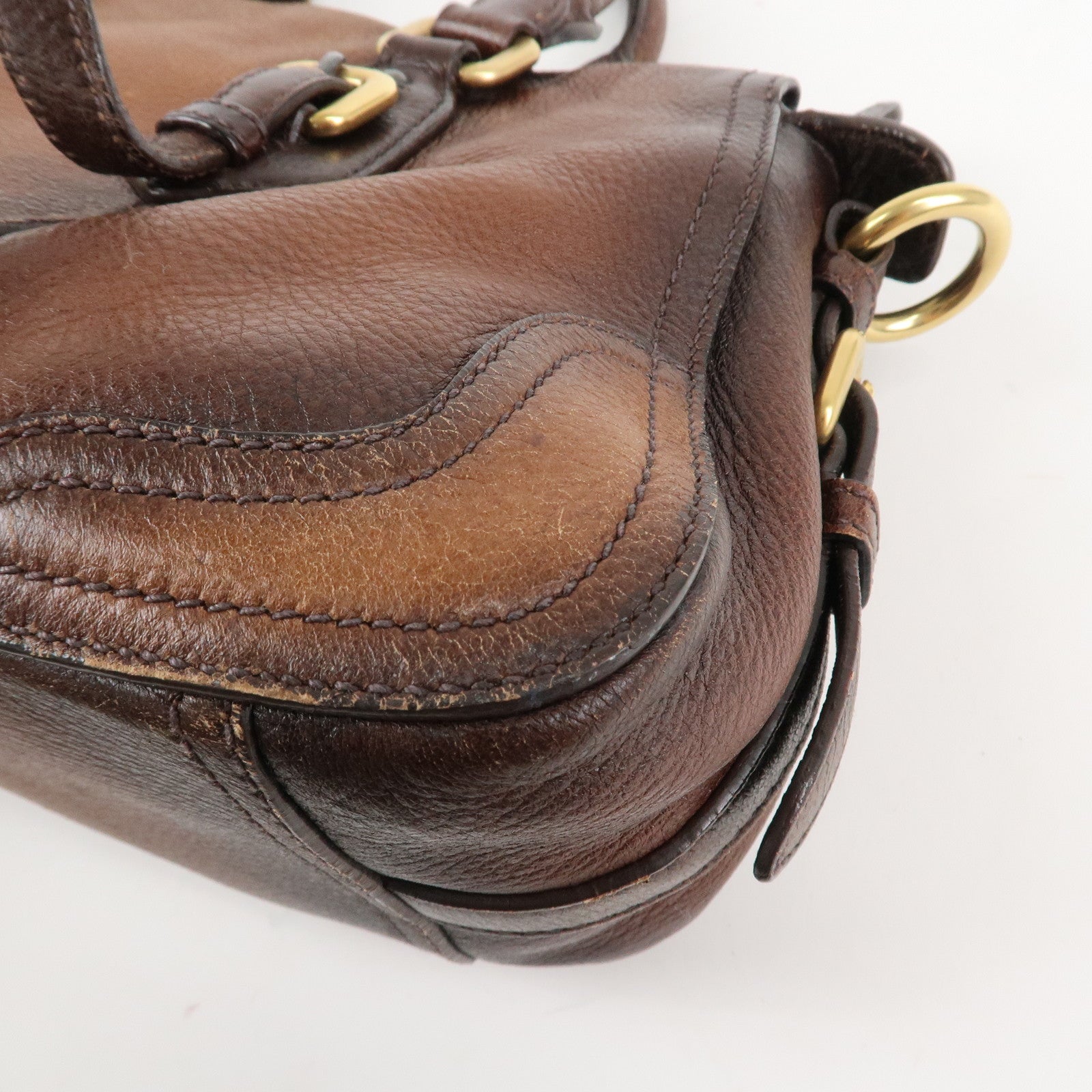 PRADA Logo Leather 2WAY Tote Bag Hand Bag Brown Gold Hardware Used