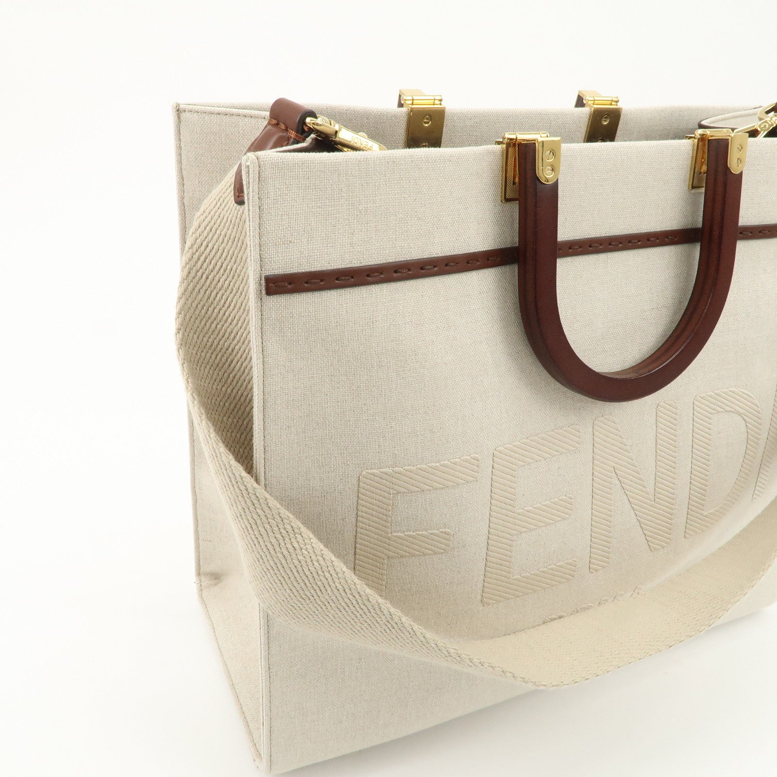 FENDI Leather Canvas Sunshine Medium Tote Bag Natural 8BH386