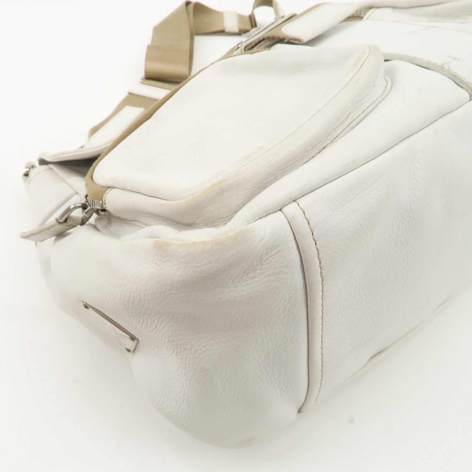 PRADA Triangle Logo Leather Nylon Shoulder Bag White Beige