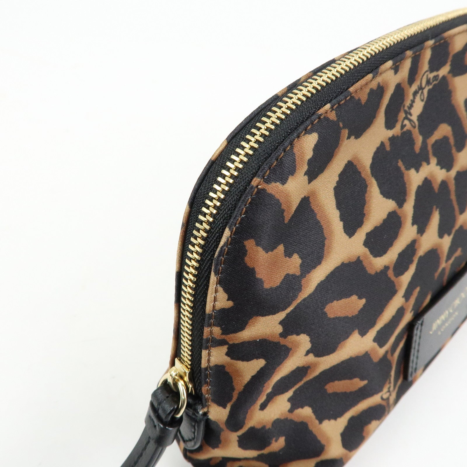 JIMMY CHOO Nylon Leather Leopard Clutch Pouch Makeup Bag Brown