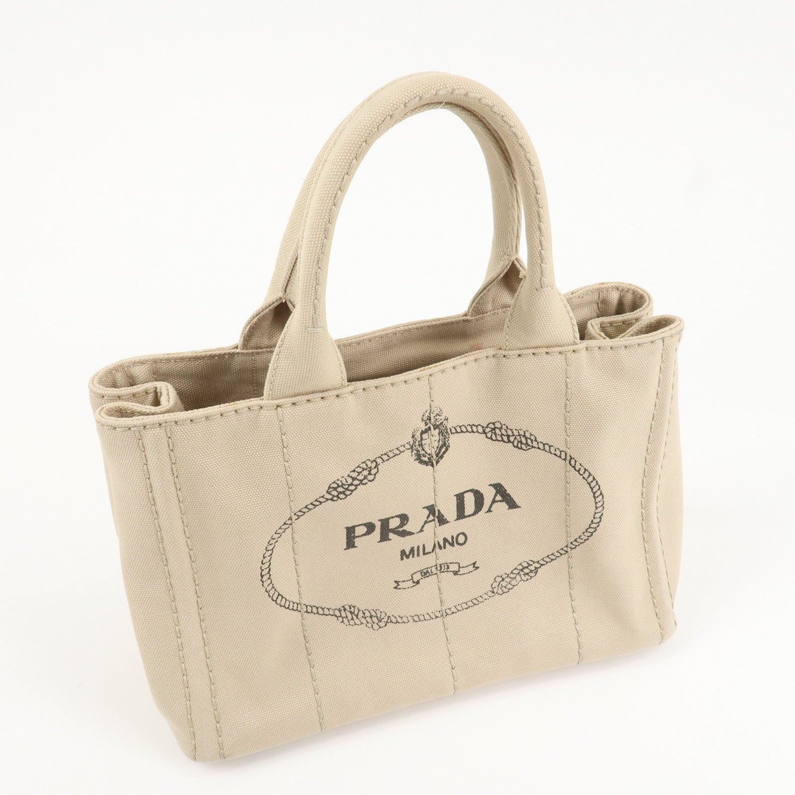 PRADA Logo Canapa Mini Canvas Tote Bag Hand Bag Beige 1BG439 Used