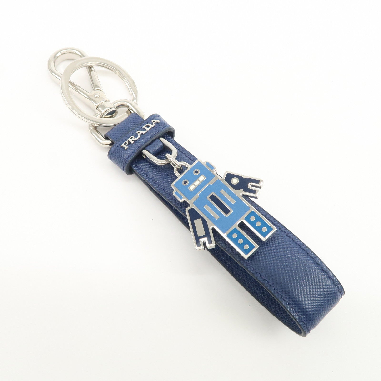 PRADA Saffiano Leather Bag Charm Key Holder Blue 1PP698