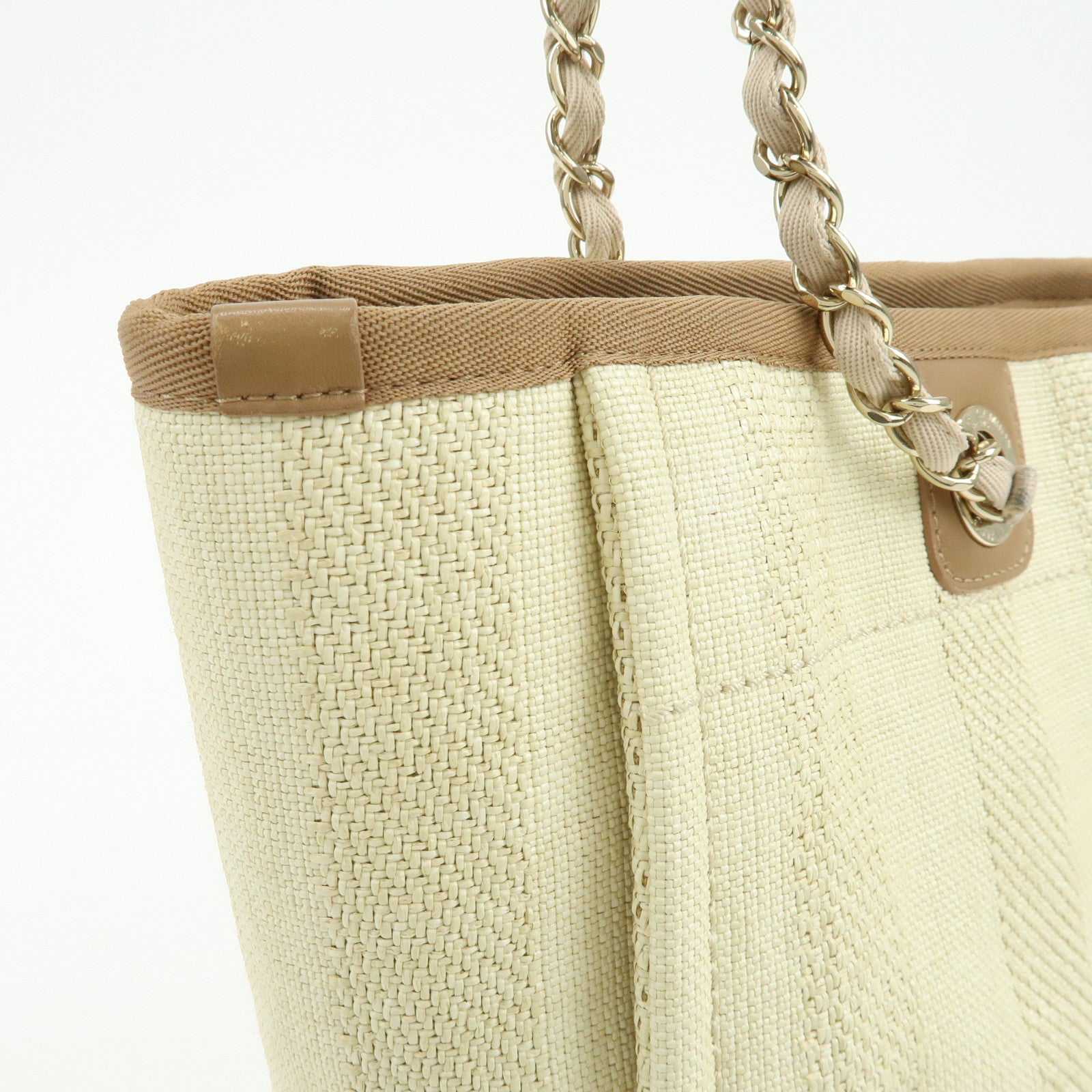 CHANEL Deauville MM Straw Leather Tote Shoulder Bag Beige A67001