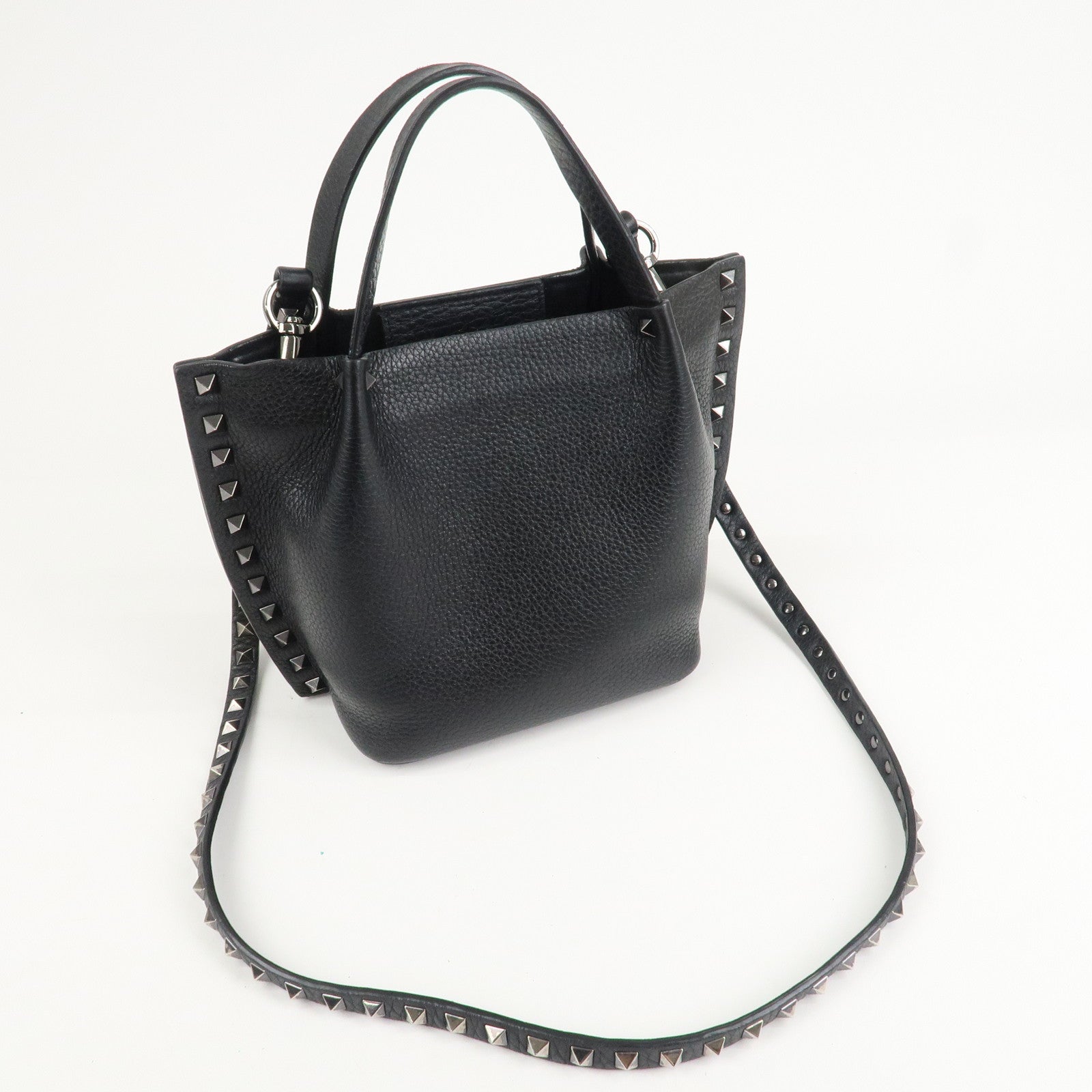 VALENTINO Rock Studs Grained Calf Leather 2Way Bag Hand Bag Black