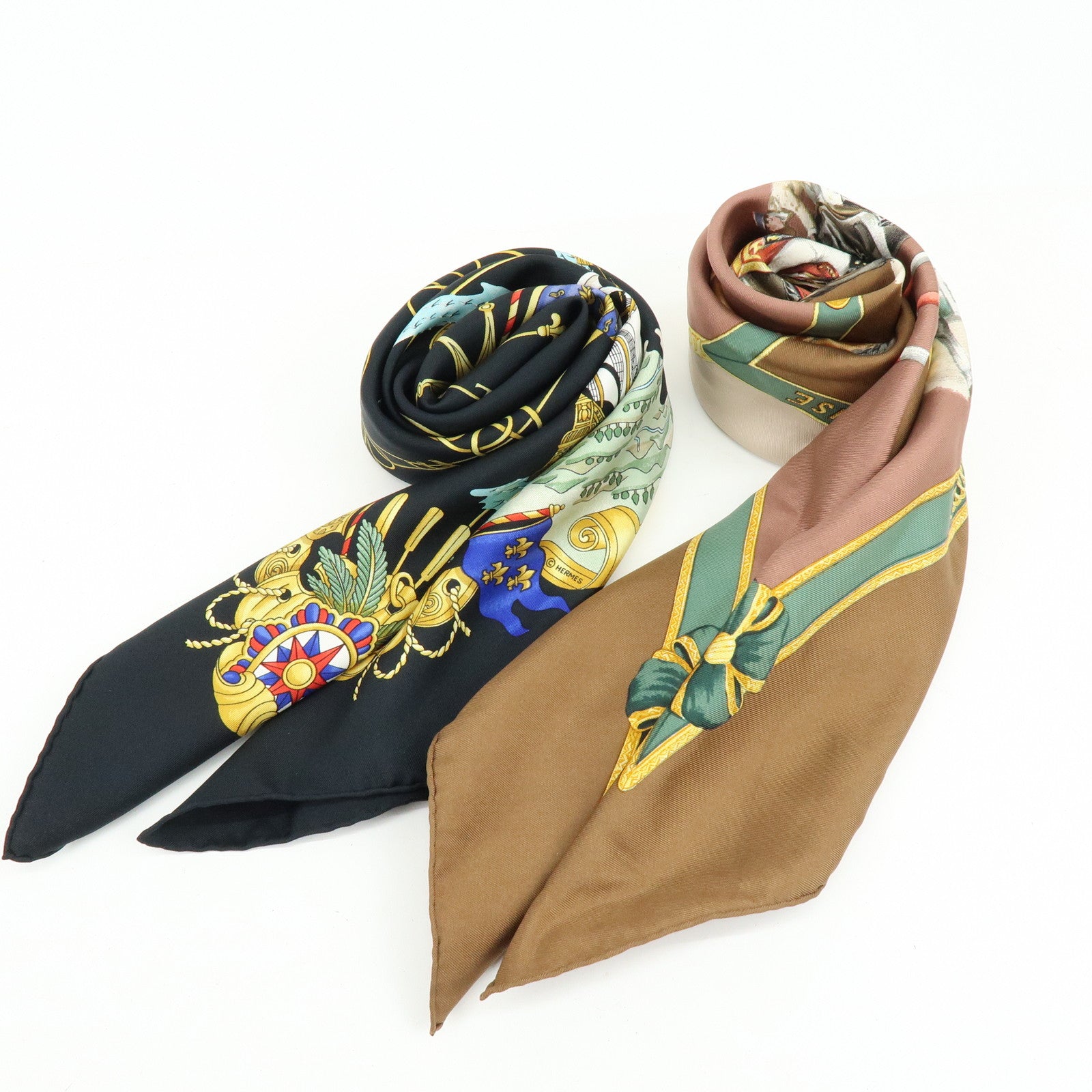 HERMES Carre 90 Set of 2 Silk 100% Scarf Black Gold Brown