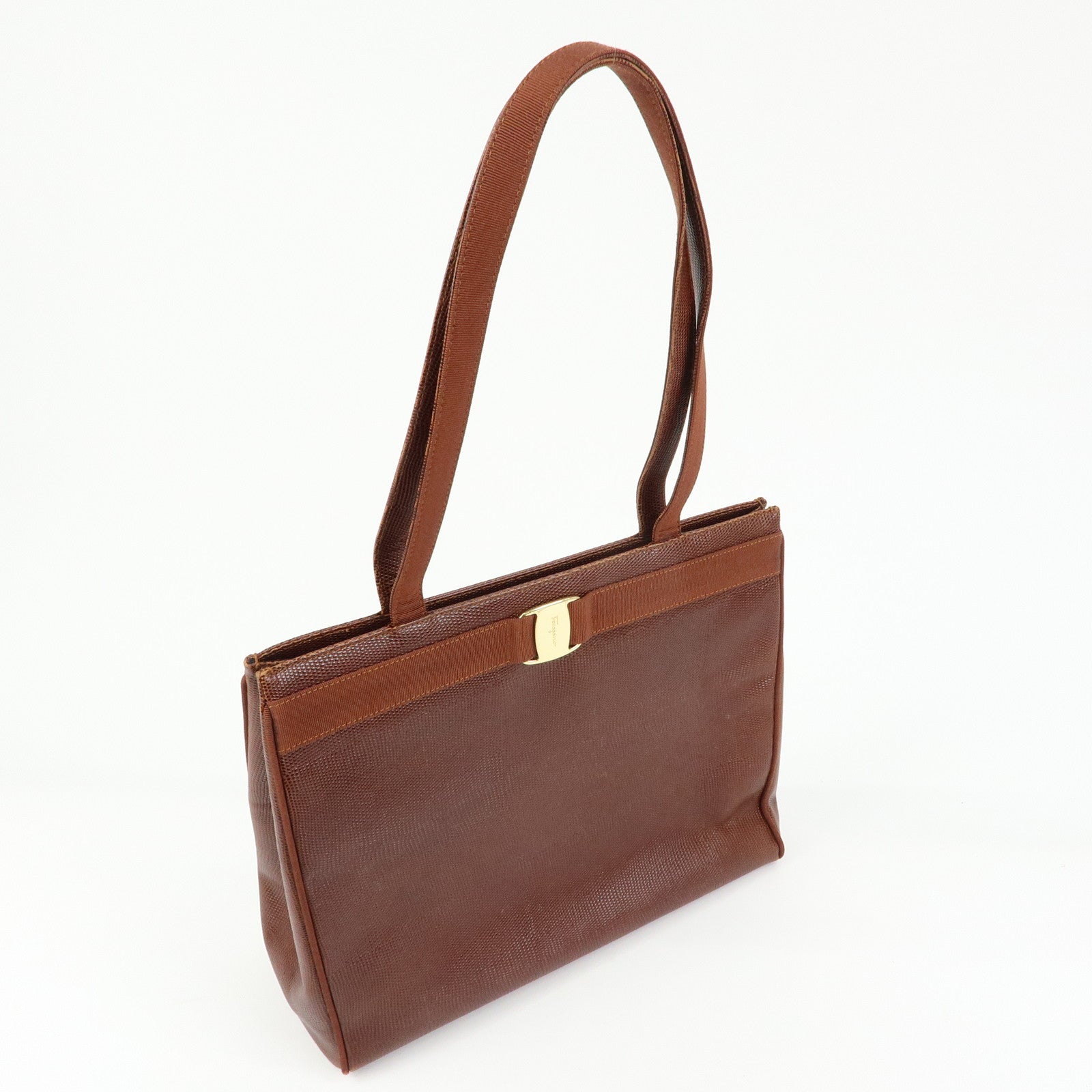 Ferragamo Vara Embossed Leather Tote Bag Shoulder Bag Brown