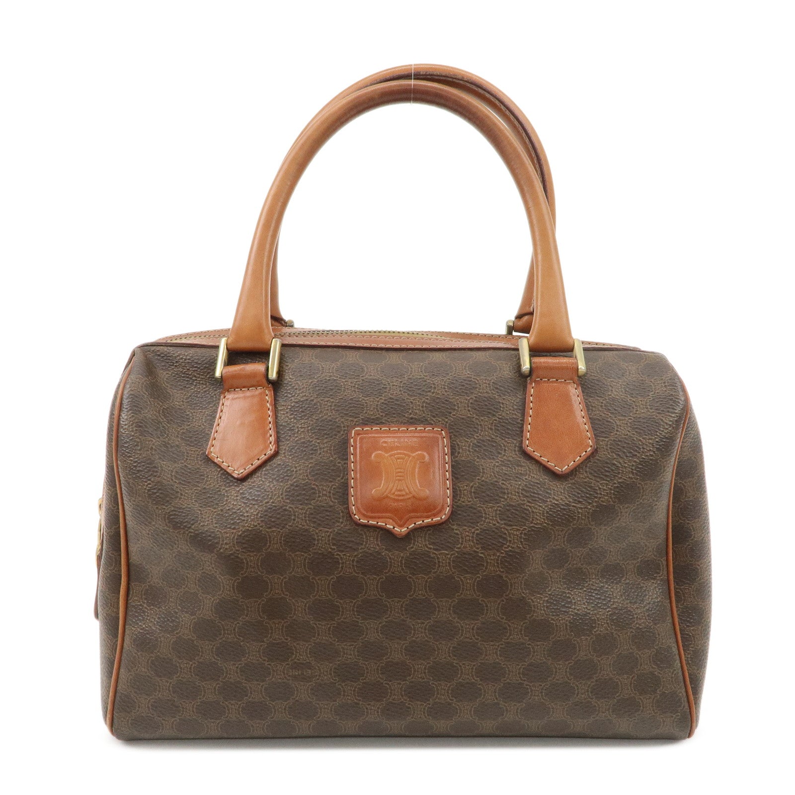 CELINE Macadam Leather PVC Boston Bag Hand Bag Brown Used