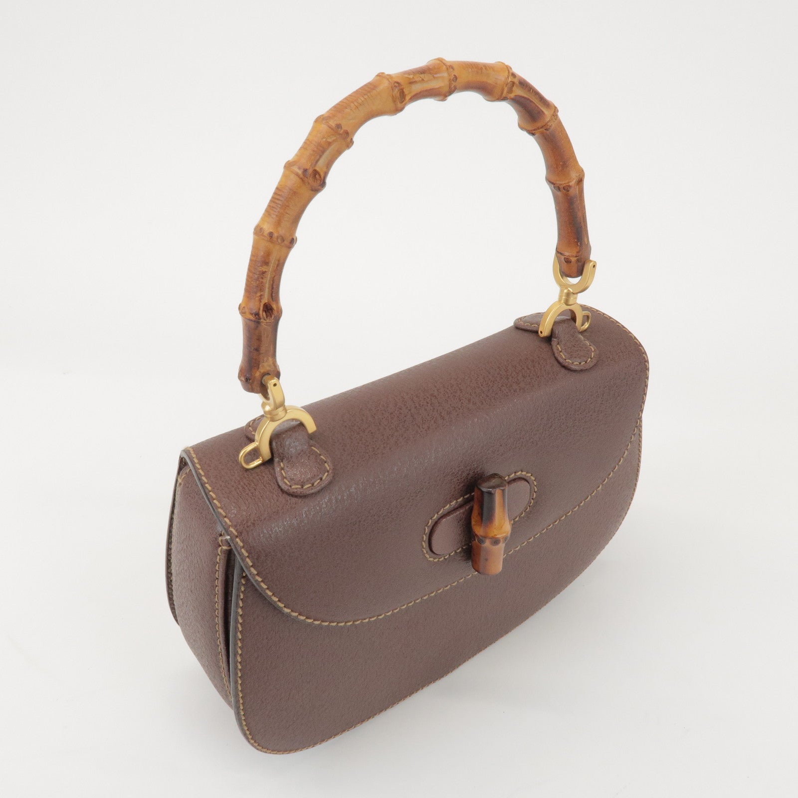 GUCCI Bamboo Leather 2Way Bag Hand Bag Shoulder Bag Brown 000 2040