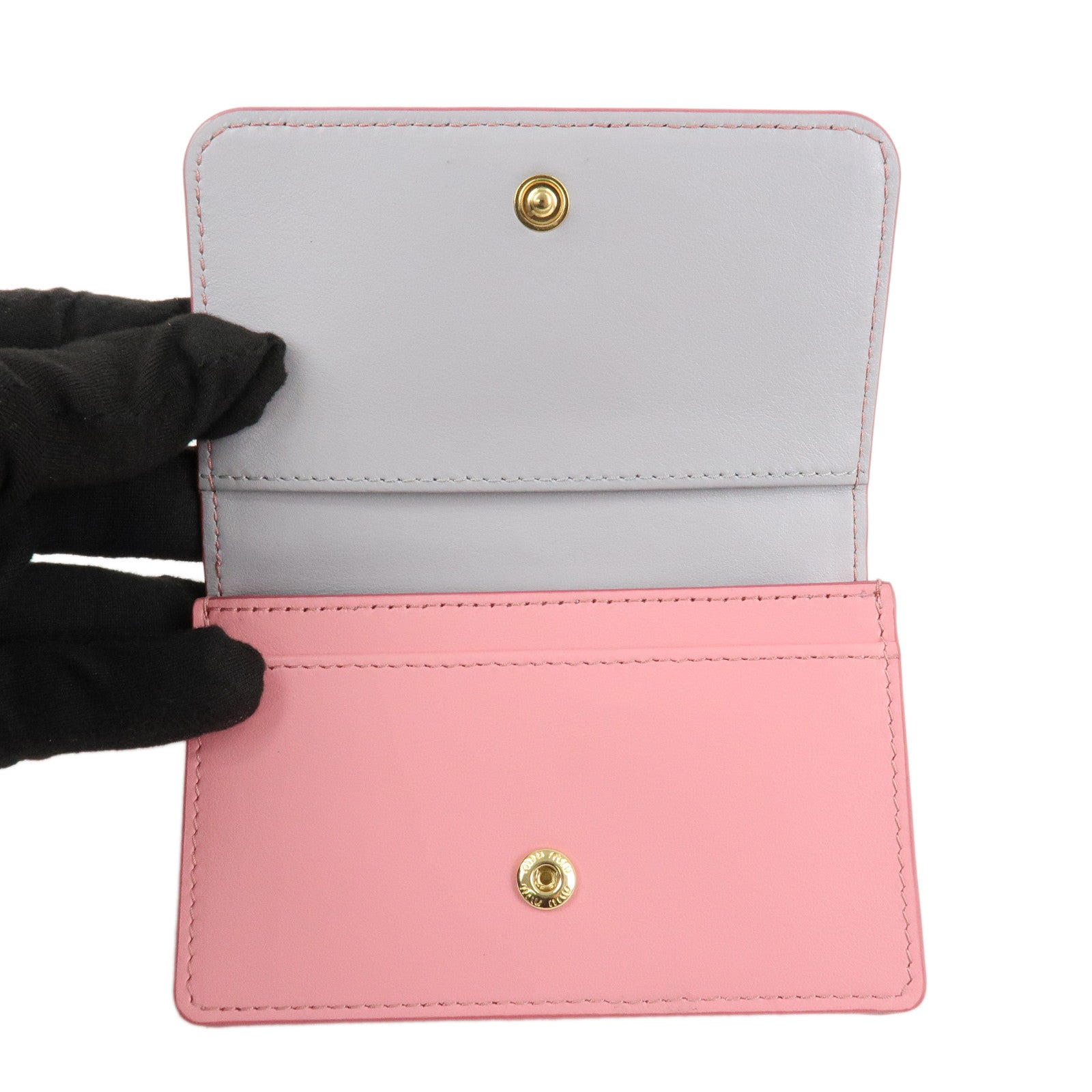 MIU MIU Leather Ribbon Bifold Card Case Pink Gray 5MBC011 Used