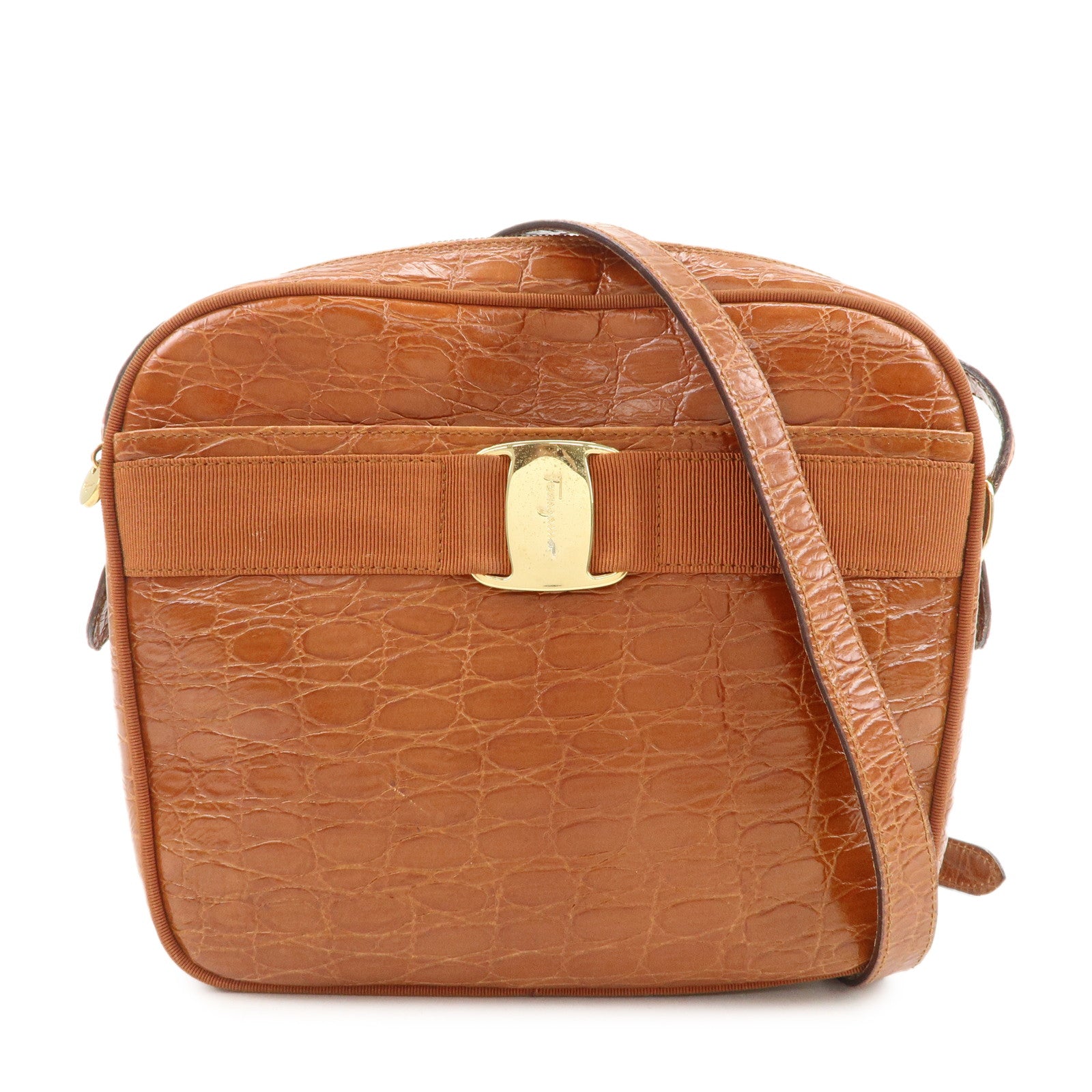 Ferragamo Vara Emboss Leather Shoulder Bag Crossbody Bag Brown