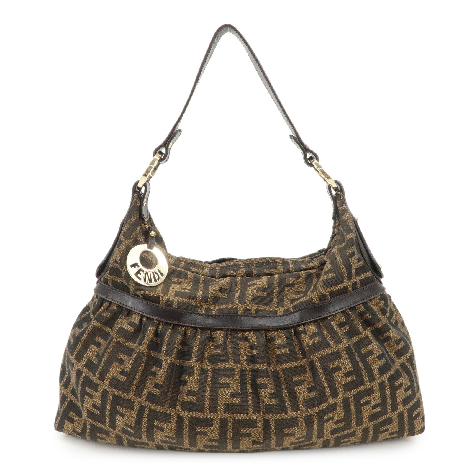 FENDI Zucca Canvas Leather Shoulder Bag Hand Bag Black Brown 8BR448