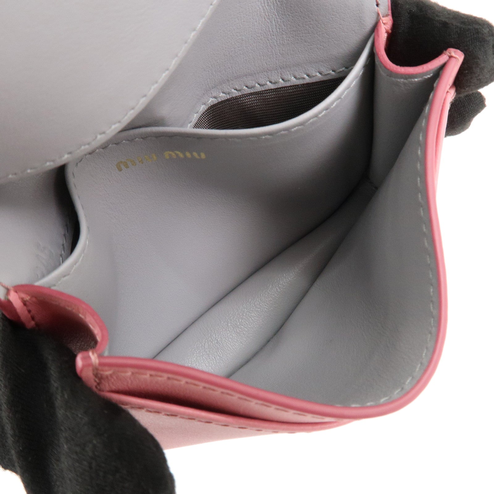 MIU MIU Leather Ribbon Bifold Card Case Pink Gray 5MBC011 Used