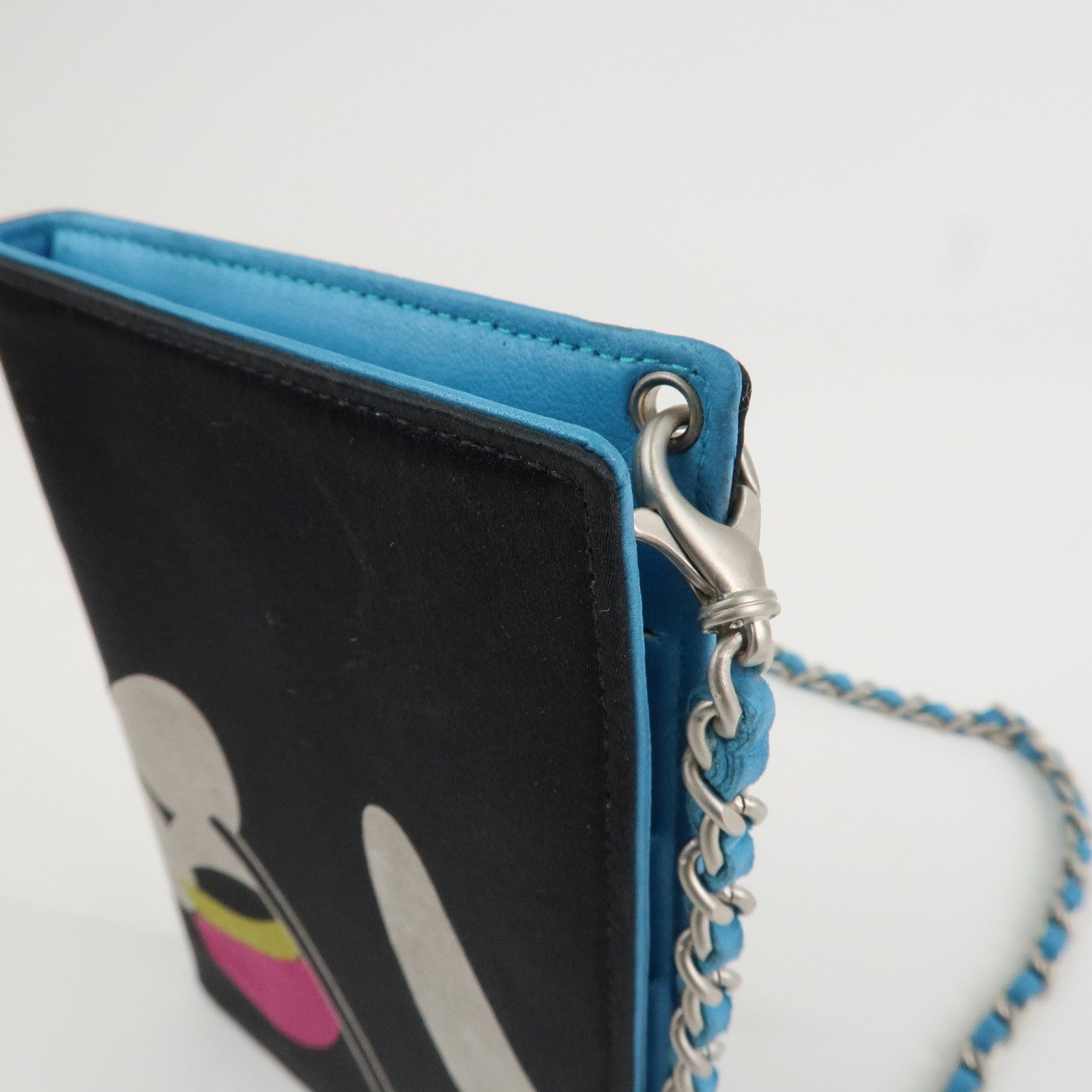 CHANEL Canvas Leather Chain Passport Case Black Multicolor