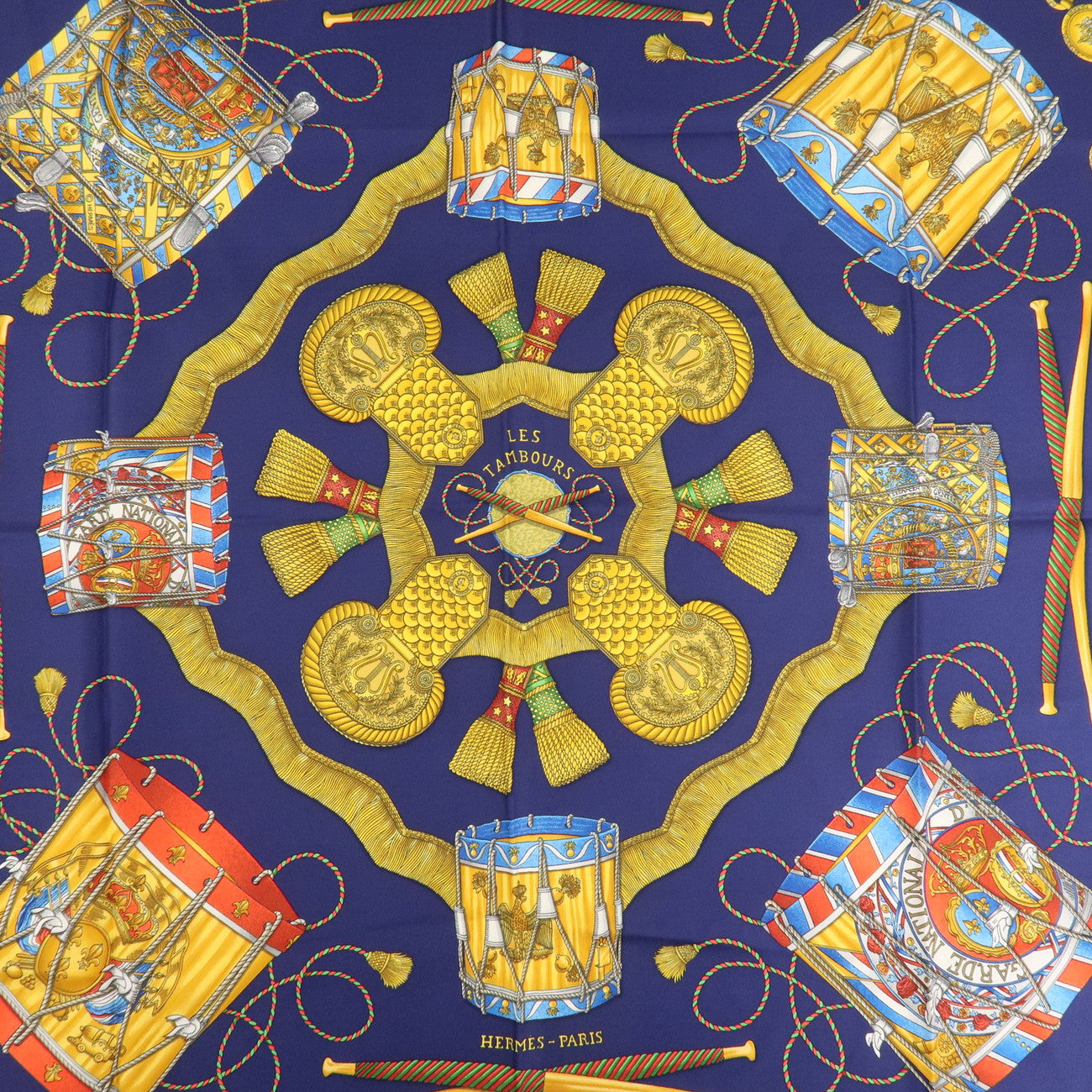 HERMES Carre 90 Silk 100% Scarf LES TAMBOURS Navy Multicolor Used