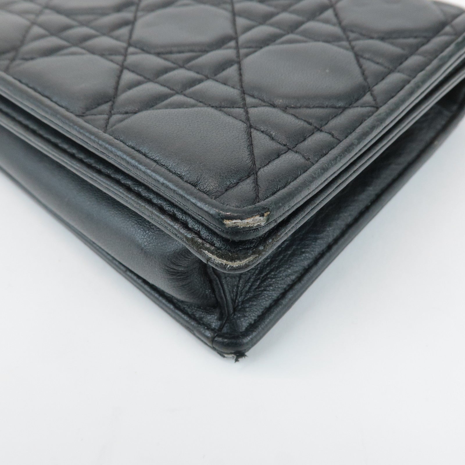 Christian Dior Cannage Leather Chain Shoulder Bag Black Gold Charm