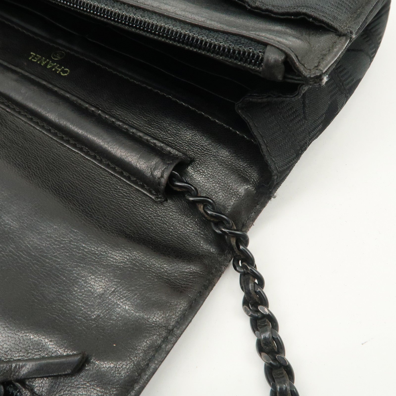 Chanel New Travel Line Nylon Jacquard Leather Chain Wallet Black A15772 Used