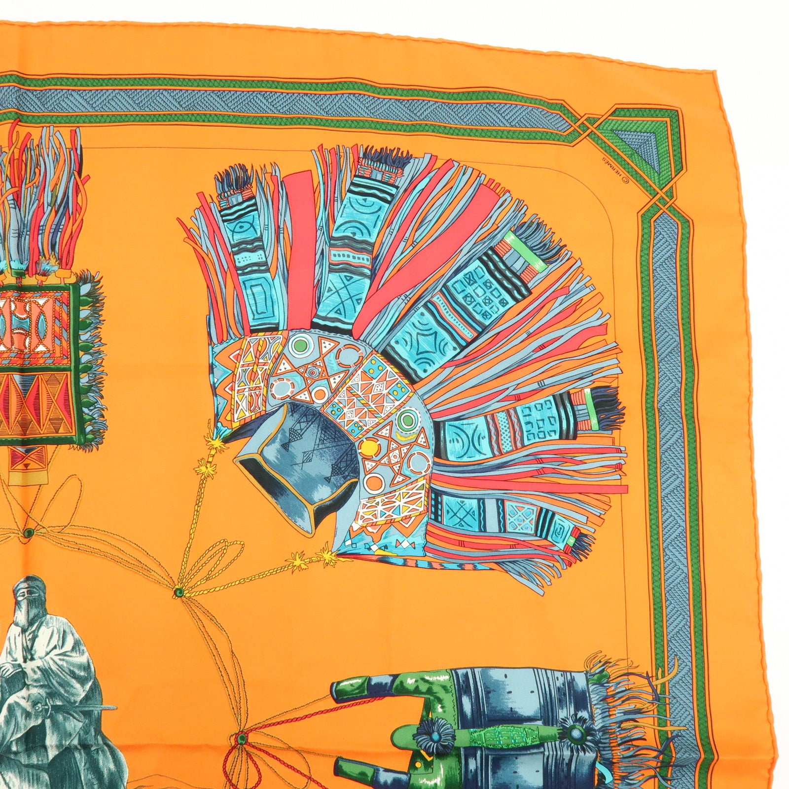 HERMES Carre 90 Silk 100% CUIRS DU DESERT Scarf Orange