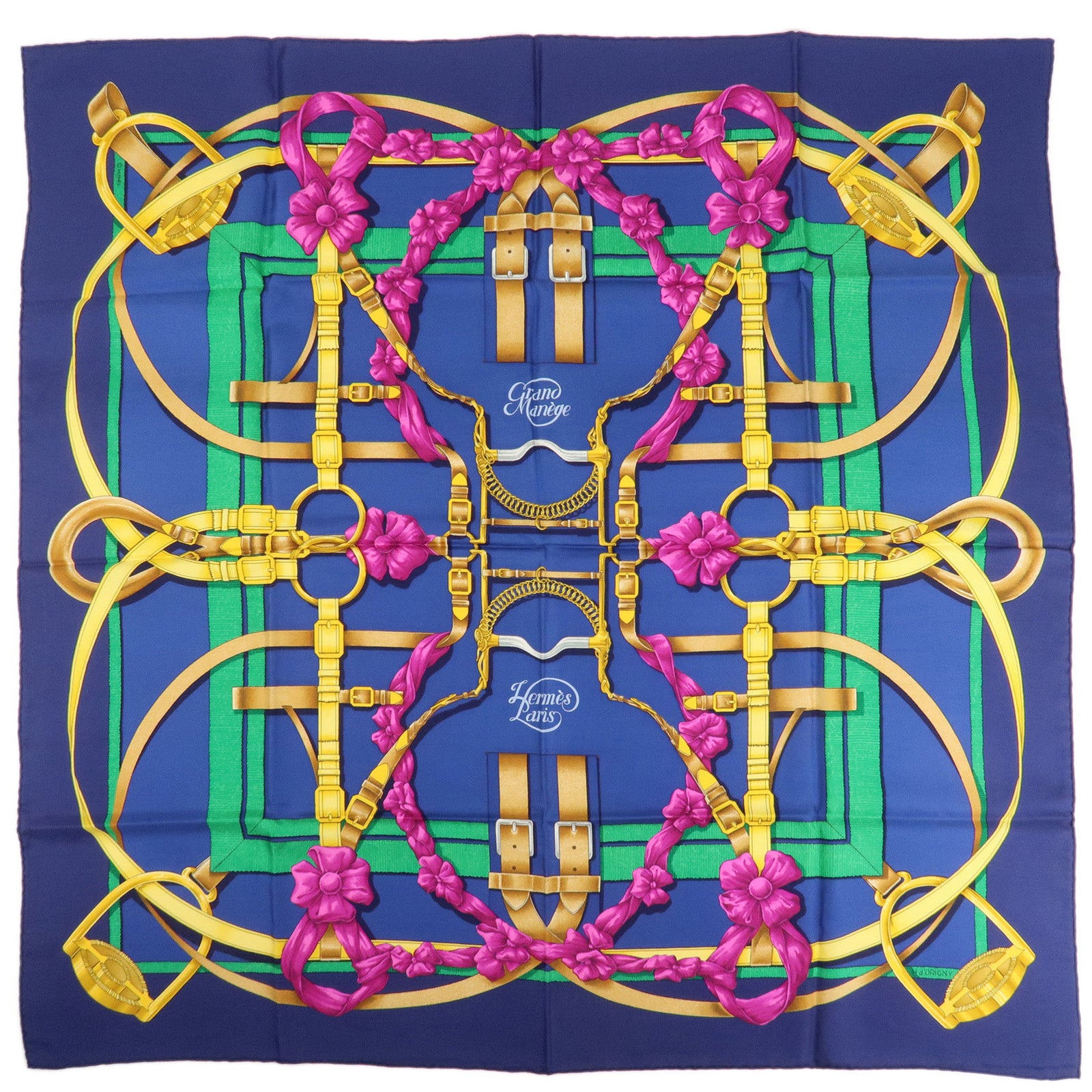 HERMES Carre 90 Silk 100% Blue Yellow Green Used