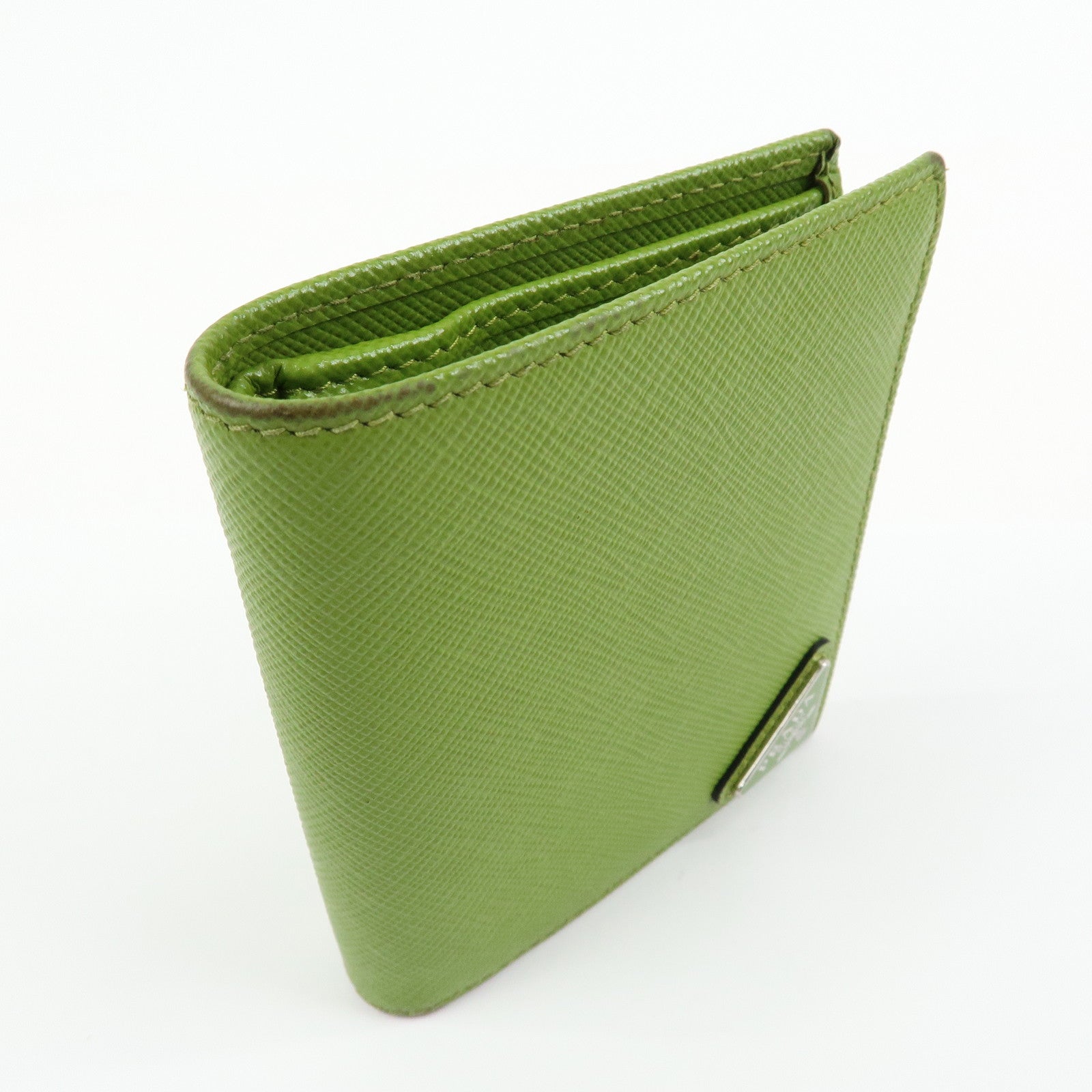 PRADA Triangle Logo Saffiano Leather Compact Wallet Light Green