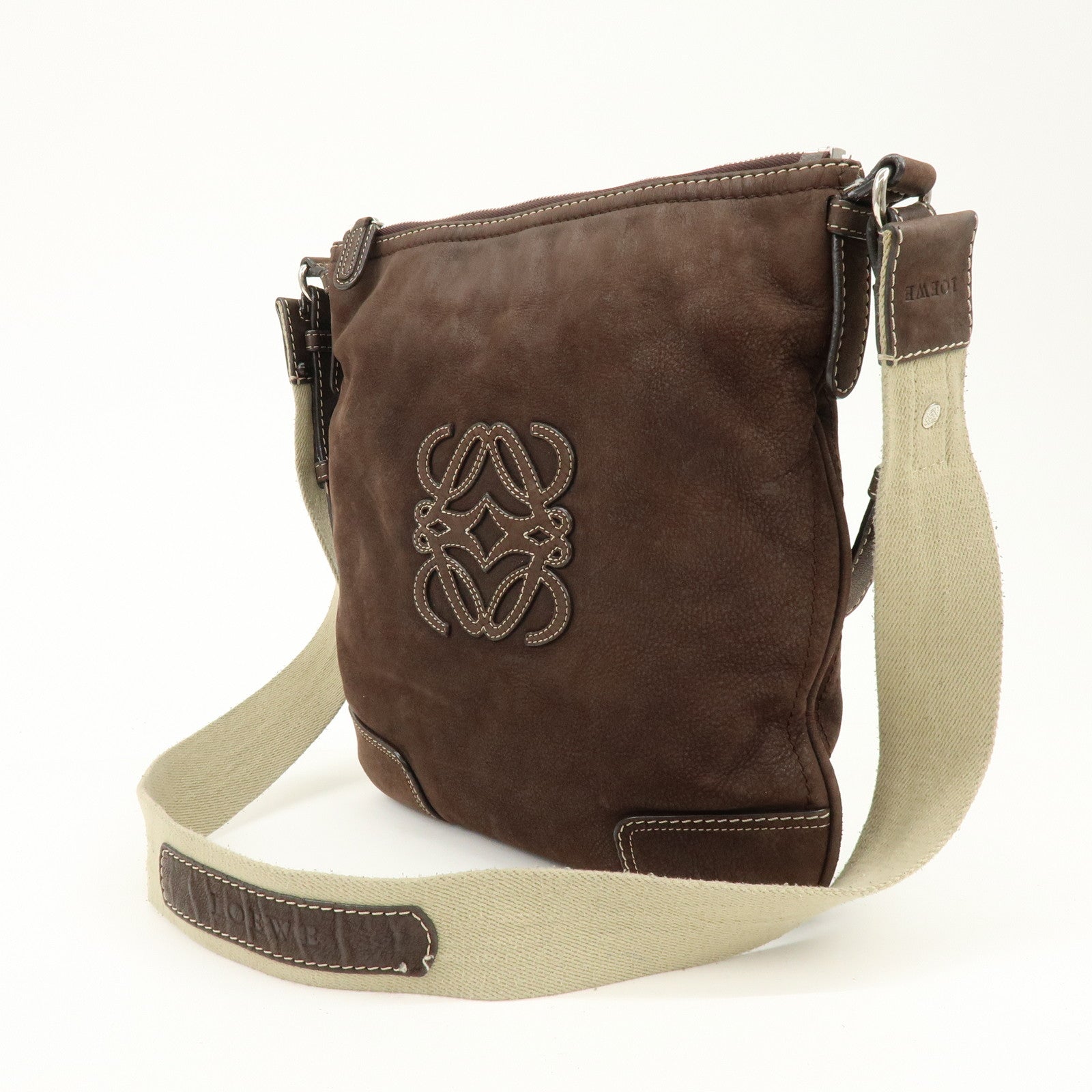 LOEWE Anagram Leather Canvas Shoulder Bag Crossbody Bag Brown Beige