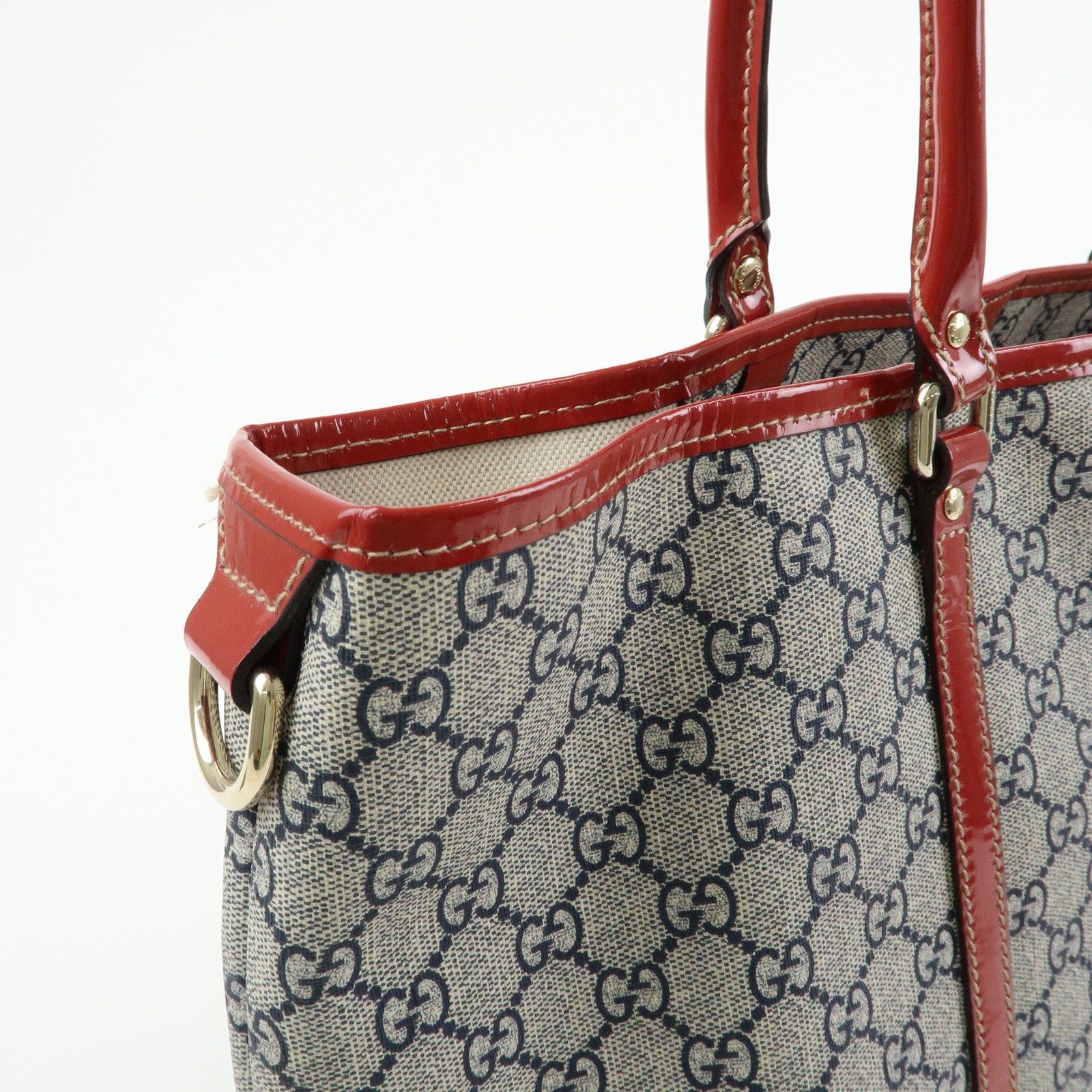 GUCCI JOY Collection GG Supreme Patent Leather Tote Bag Navy Red